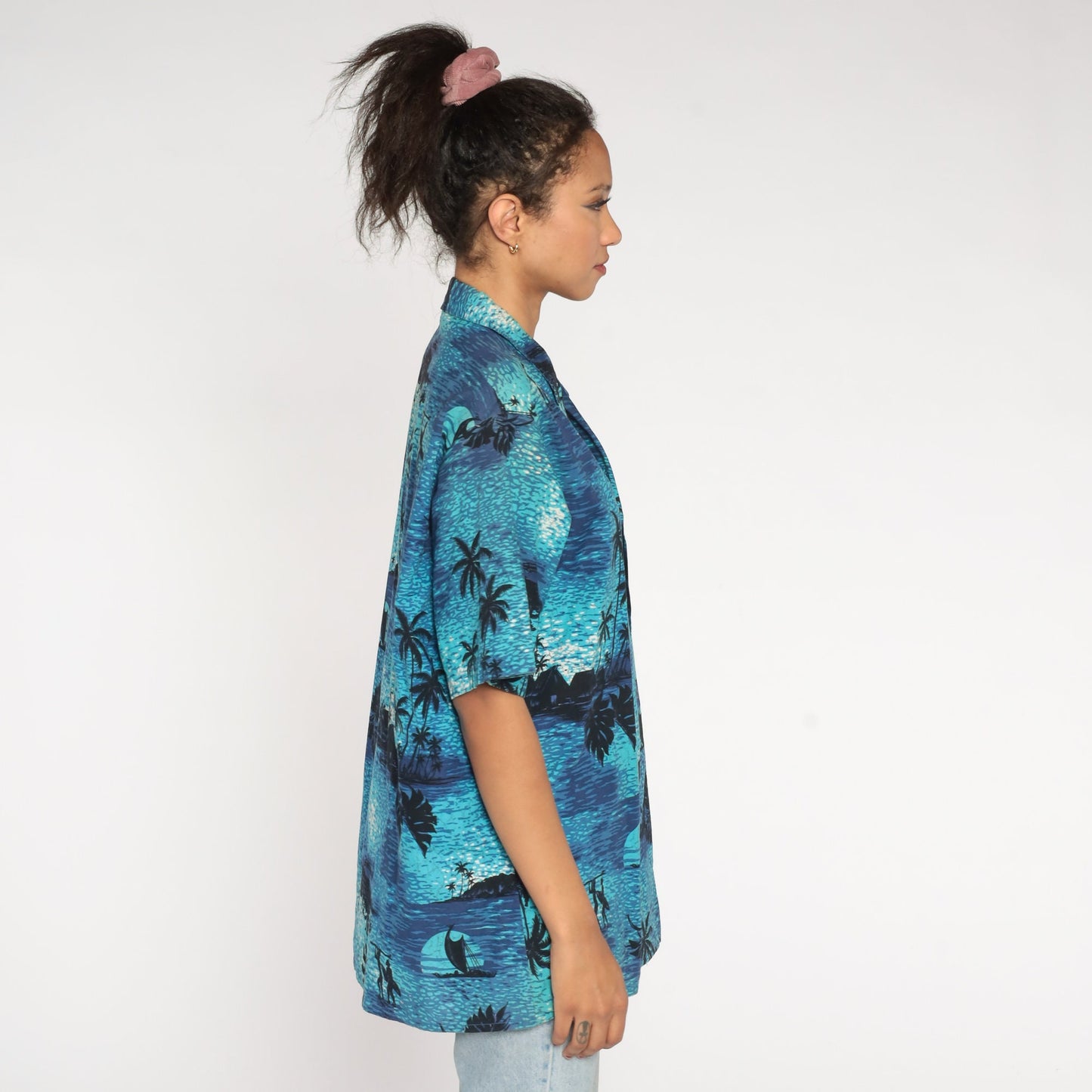 80s Tropical Surfer Shirt Blue Cotton Button Up Palm Tree Graphic Extra Large