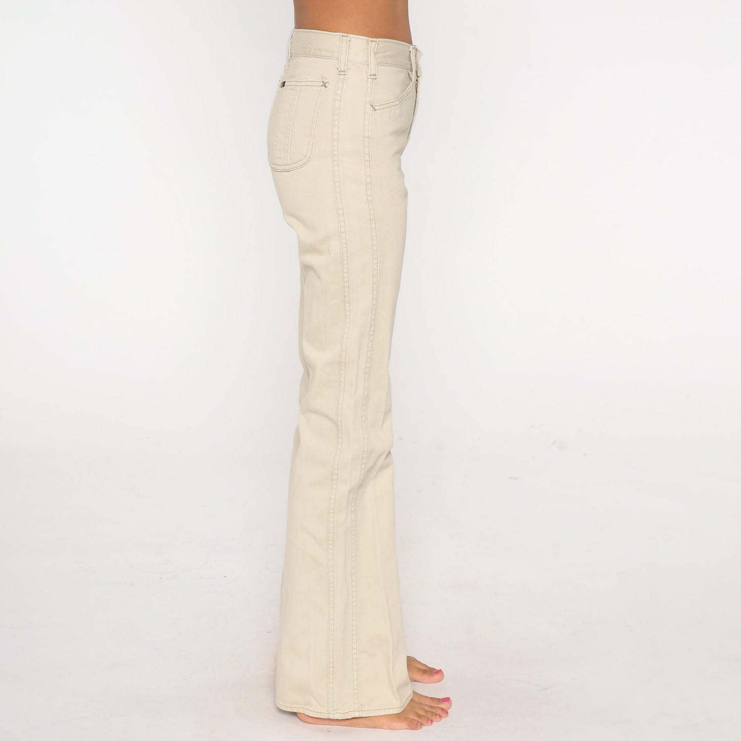 70s Lee Bell Bottom Trousers Beige Mid Rise Flared Pants Extra Small