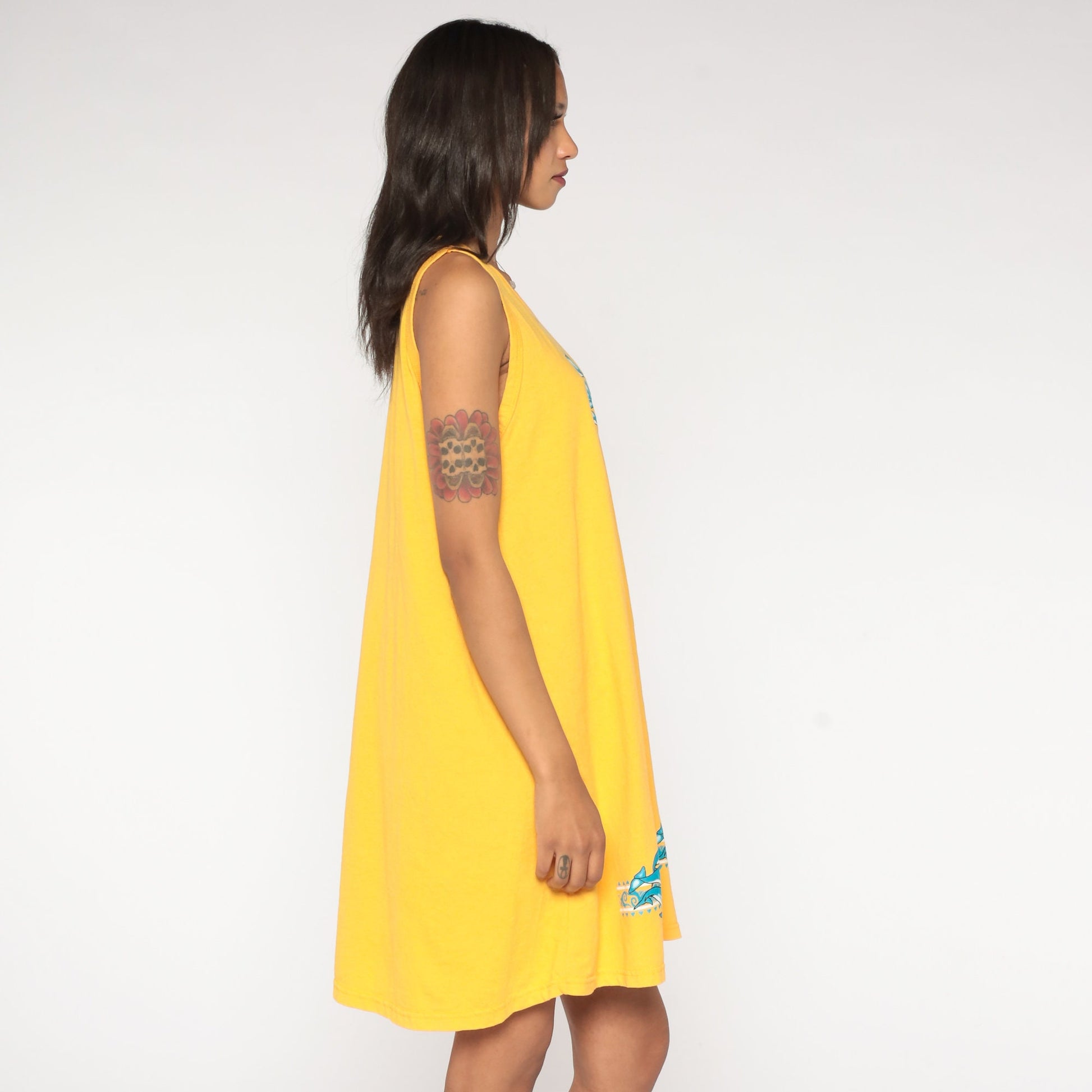 90s Mazatlan Dolphin Tank Dress Yellow Shift Mini Coverup Medium Large