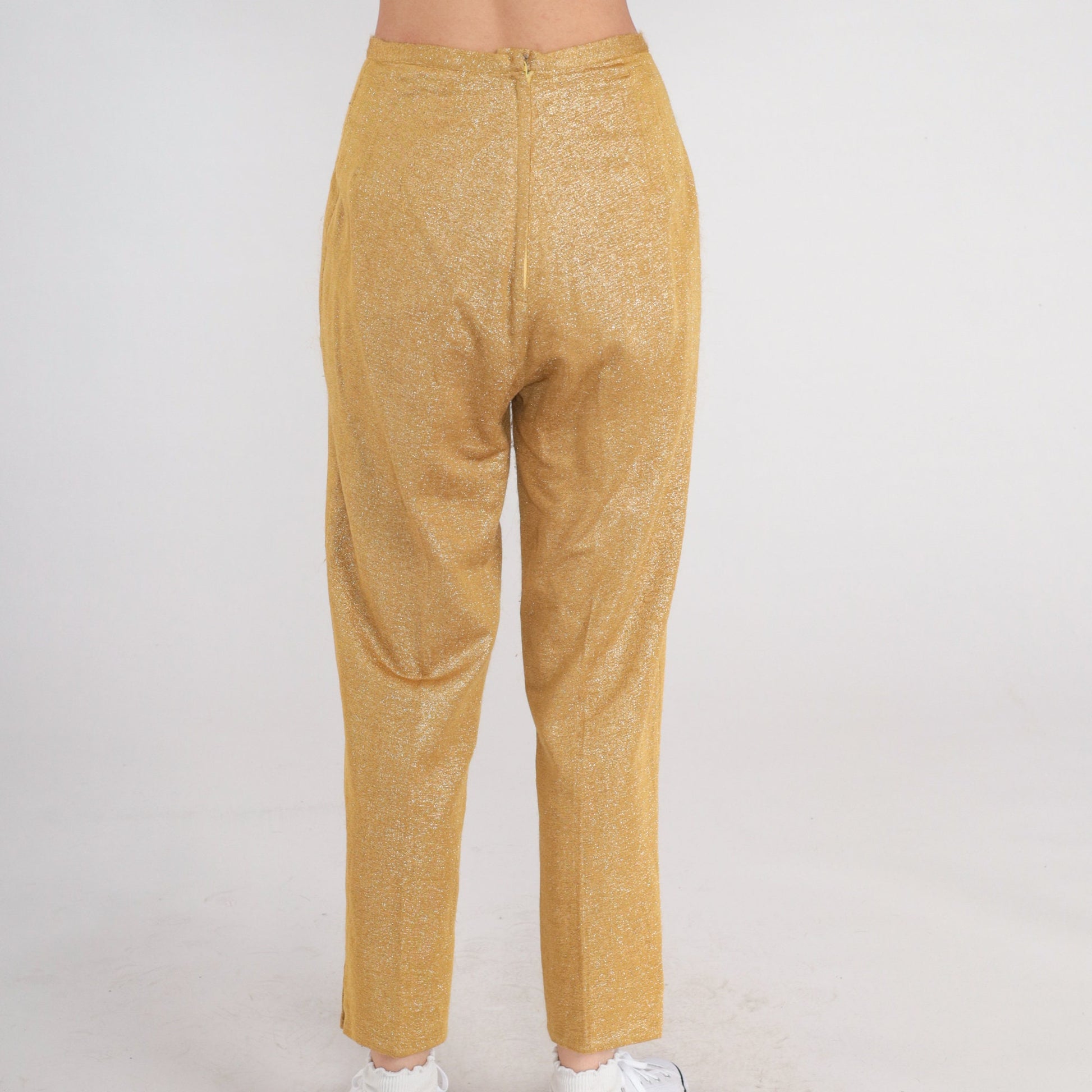 70s Metallic Gold Sparkly High-Waist Straight Trousers Small