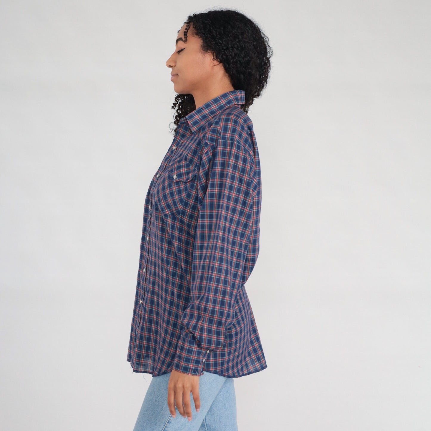 80s Plaid Pearl Snap Western Shirt Blue Cotton Men's Large