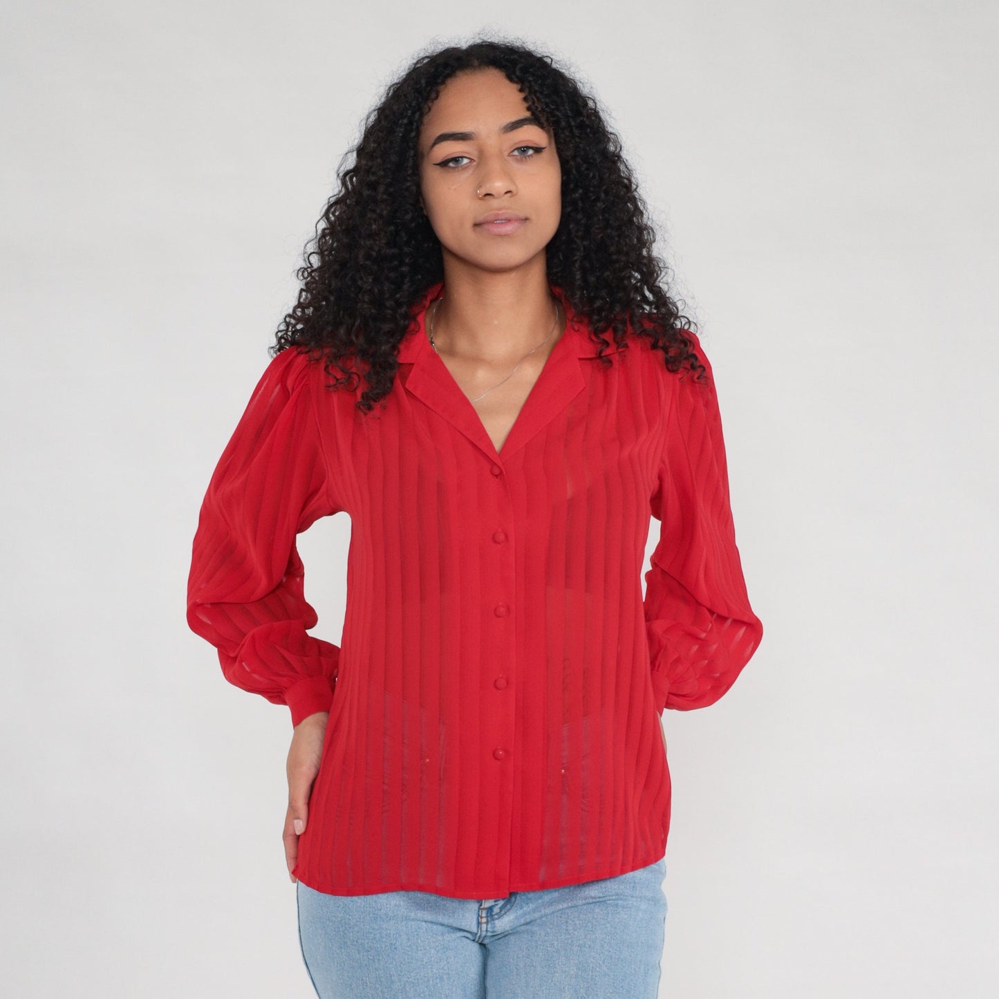 80s Red Striped Puff Sleeve Button-Up Blouse Semi-Sheer Long Sleeve Medium Large
