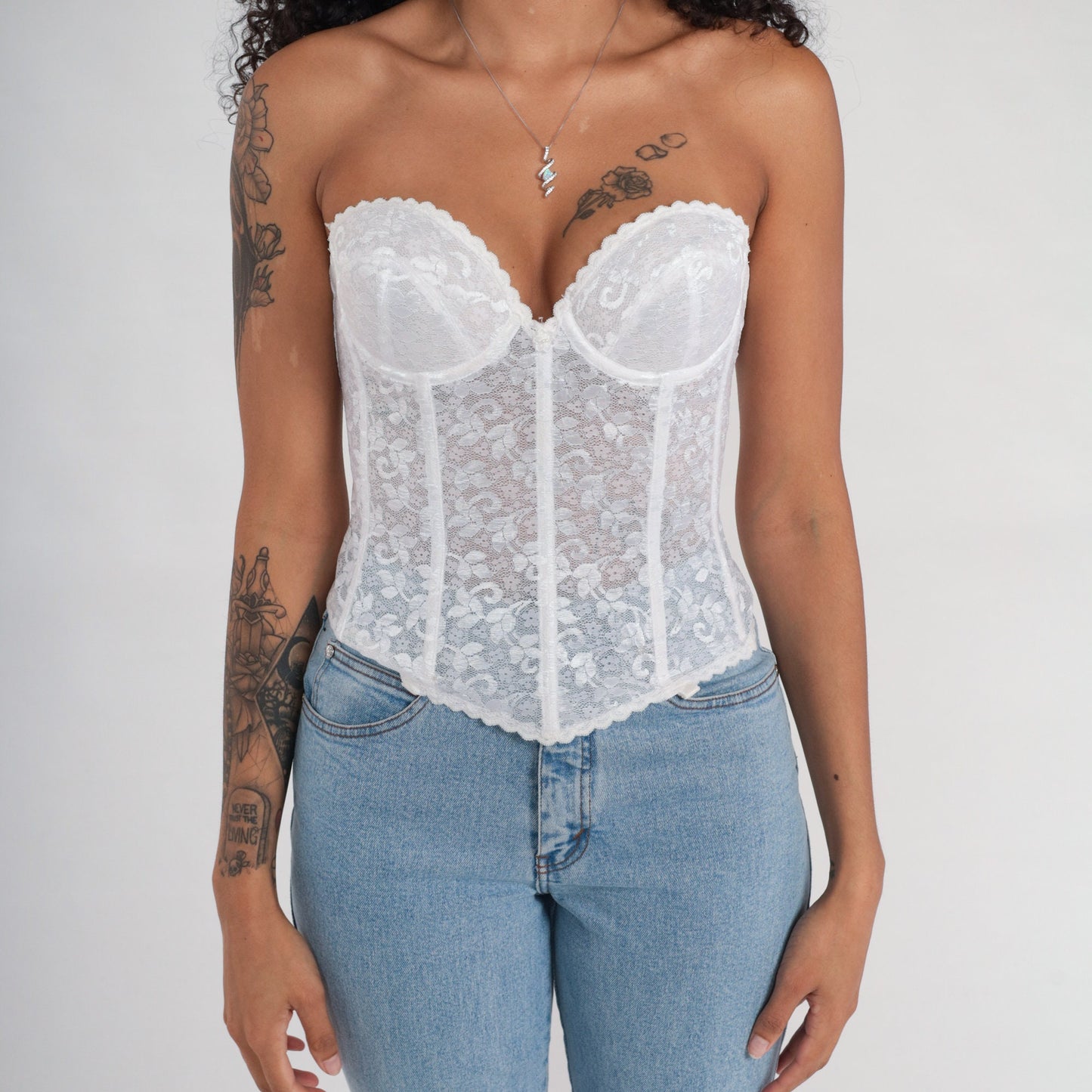 80s White Floral Lace Bustier Corset Boned Strapless Sweetheart 36B