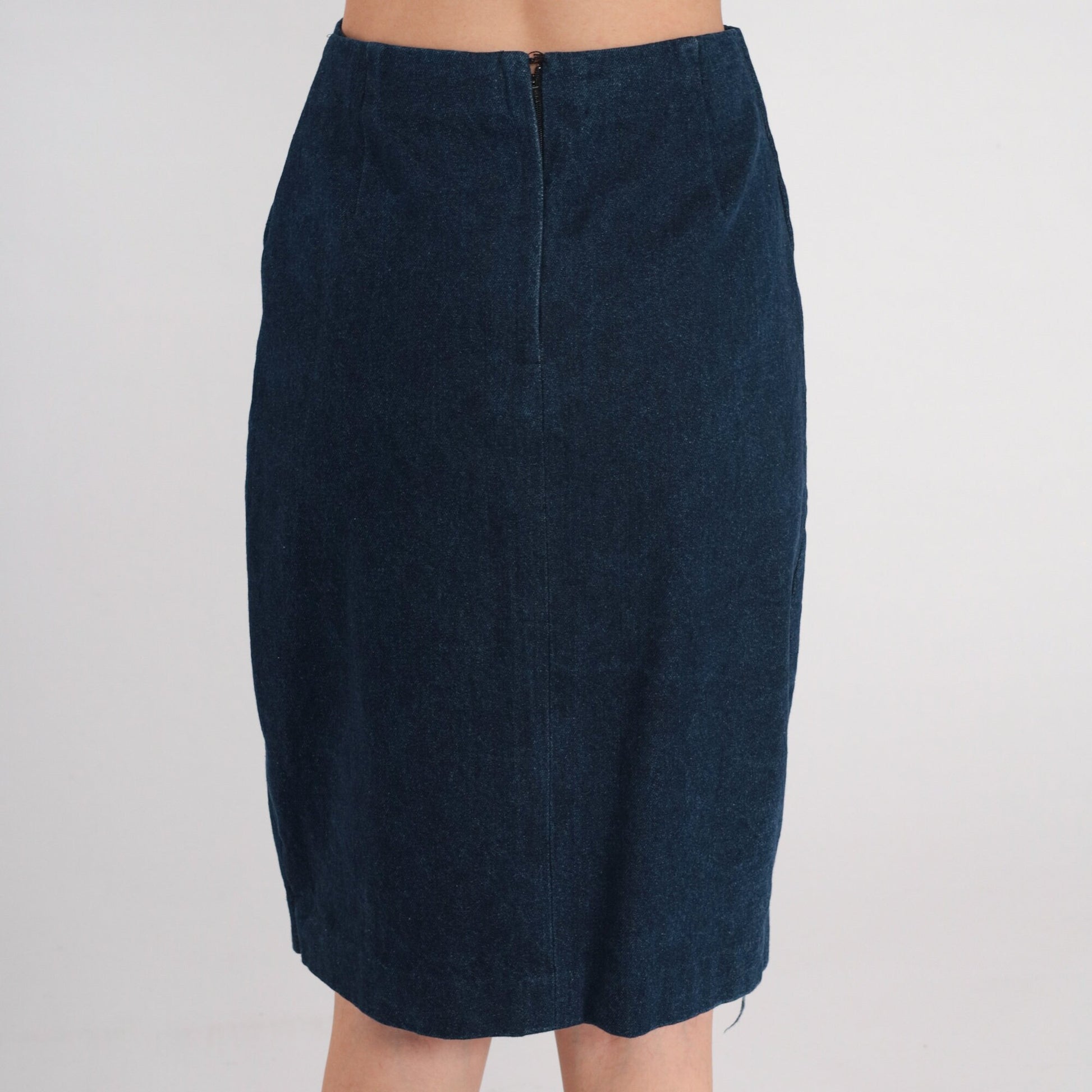 80s Dark Wash Denim Mini Skirt High Waist Pencil Cut Extra Small