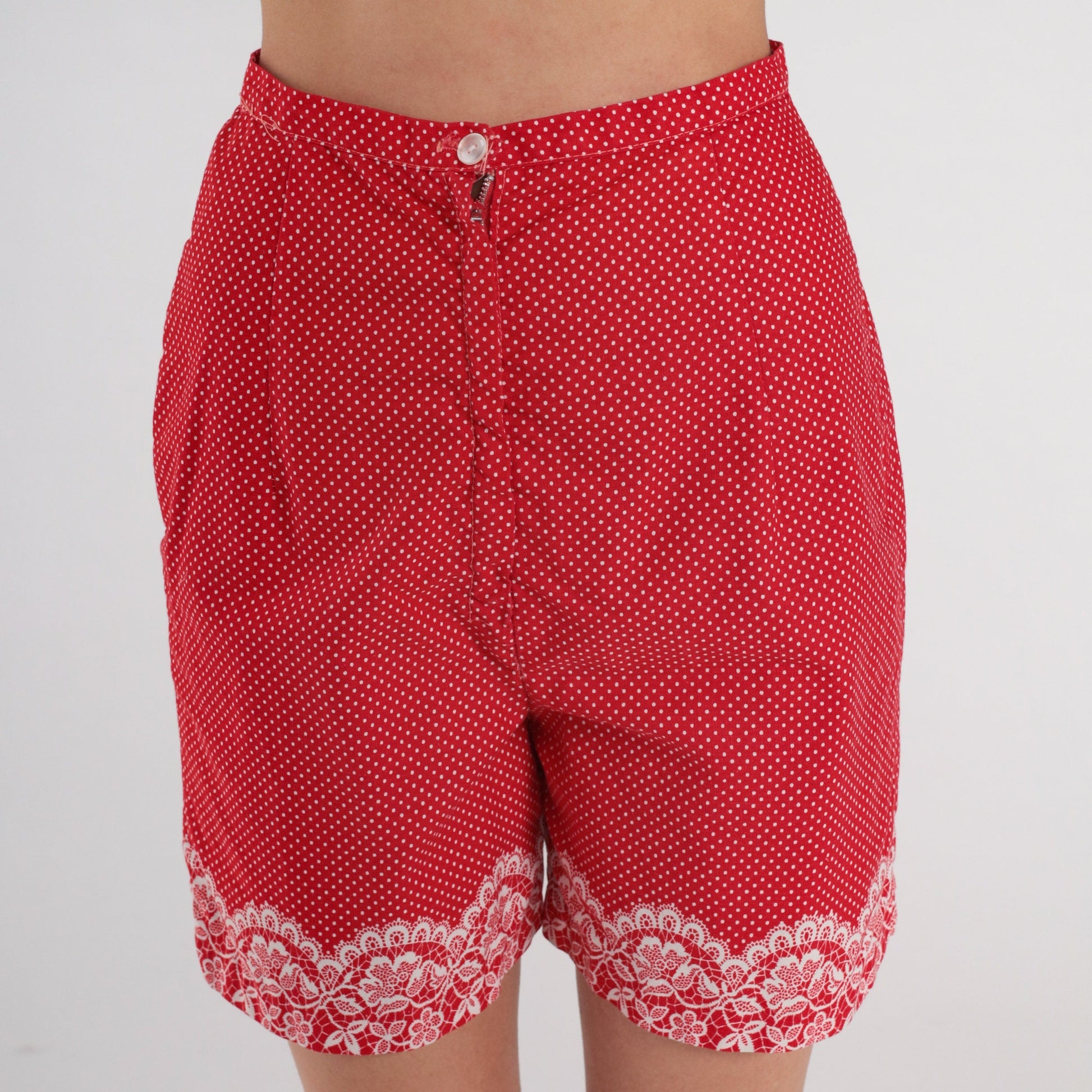 60s Red Polka Dot Shorts High-Waisted Floral Lace Print Extra Small