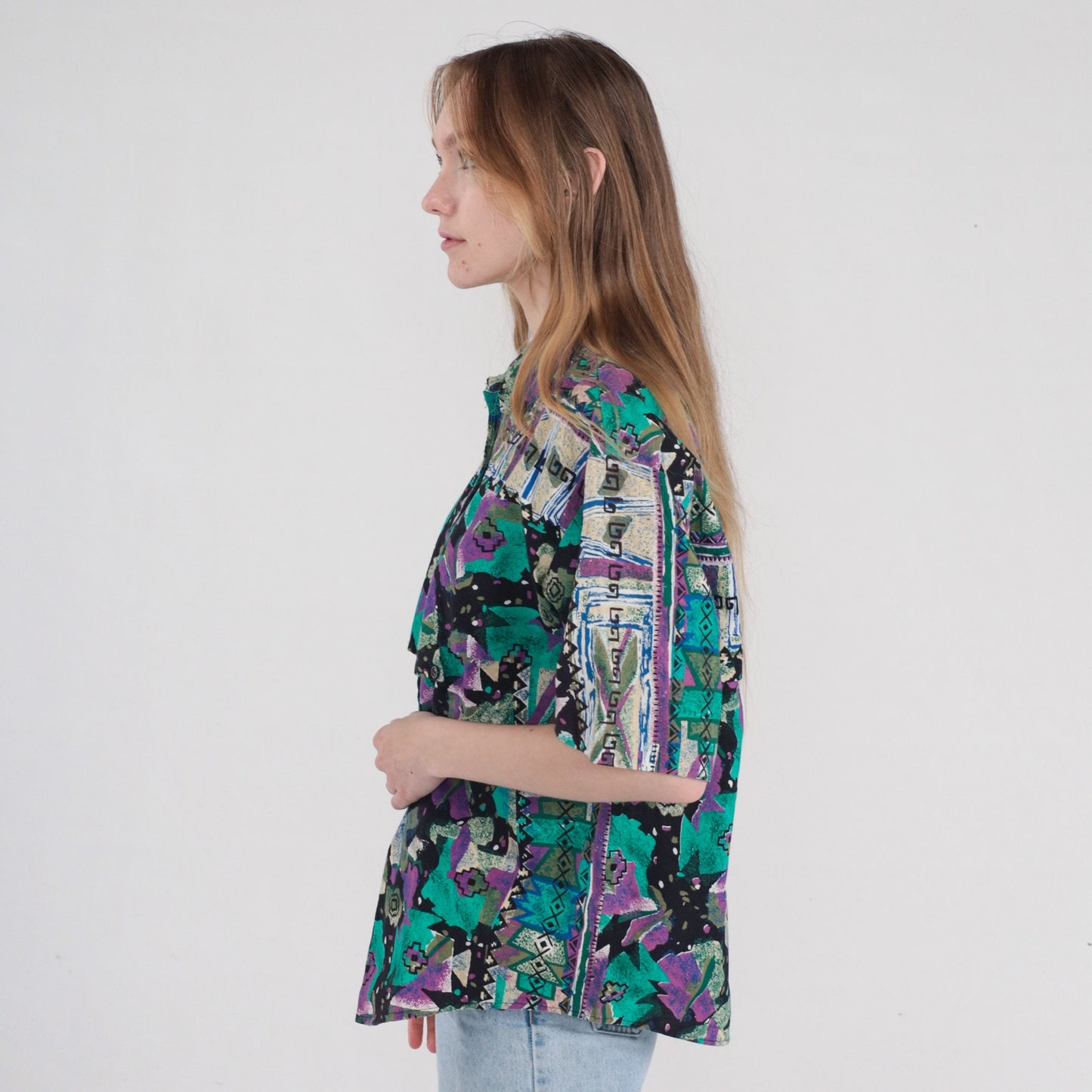 90s Southwestern Geometric Print Button-Up Blouse Black Purple Green Cotton Large