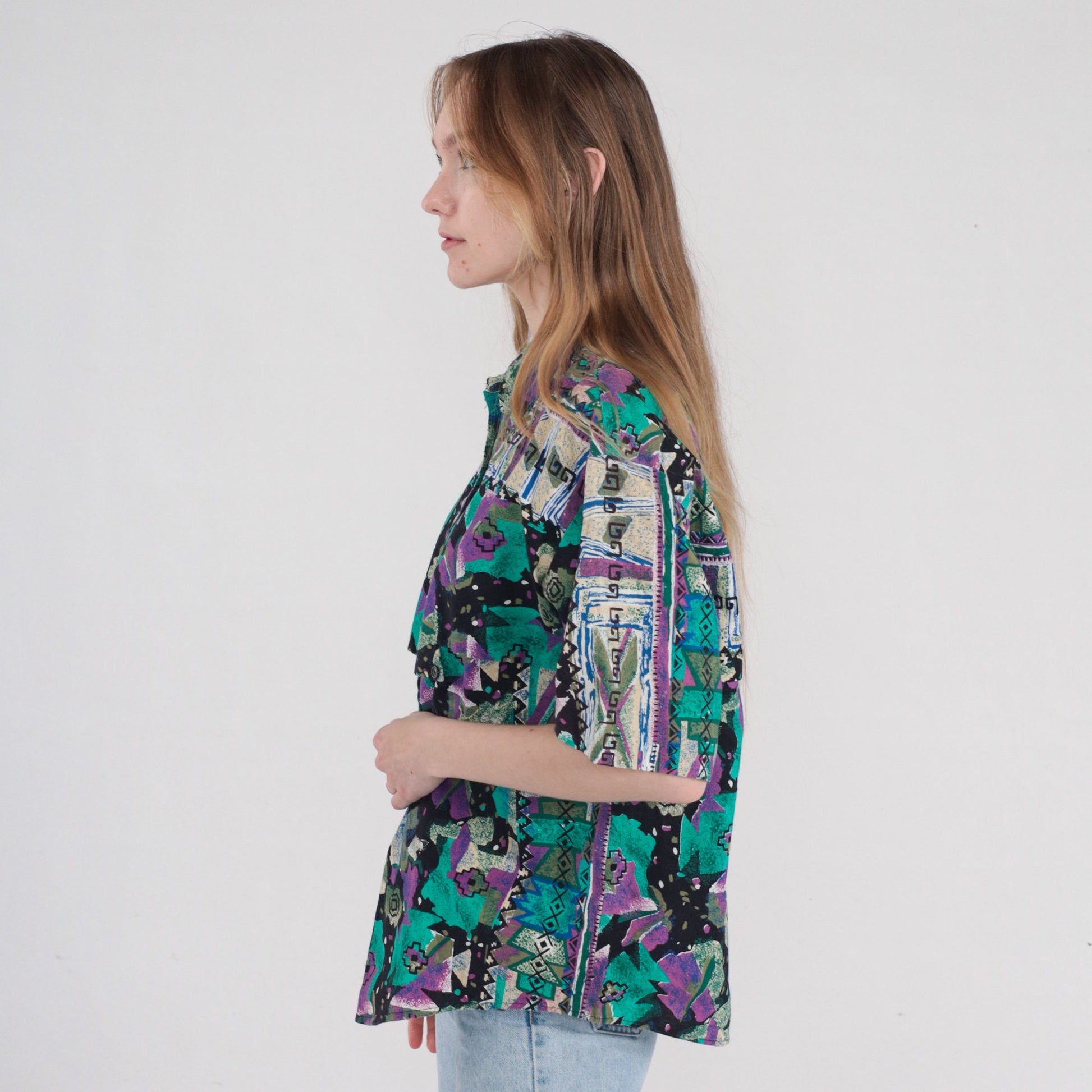 90s Southwestern Geometric Print Button-Up Blouse Black Purple Green Cotton Large