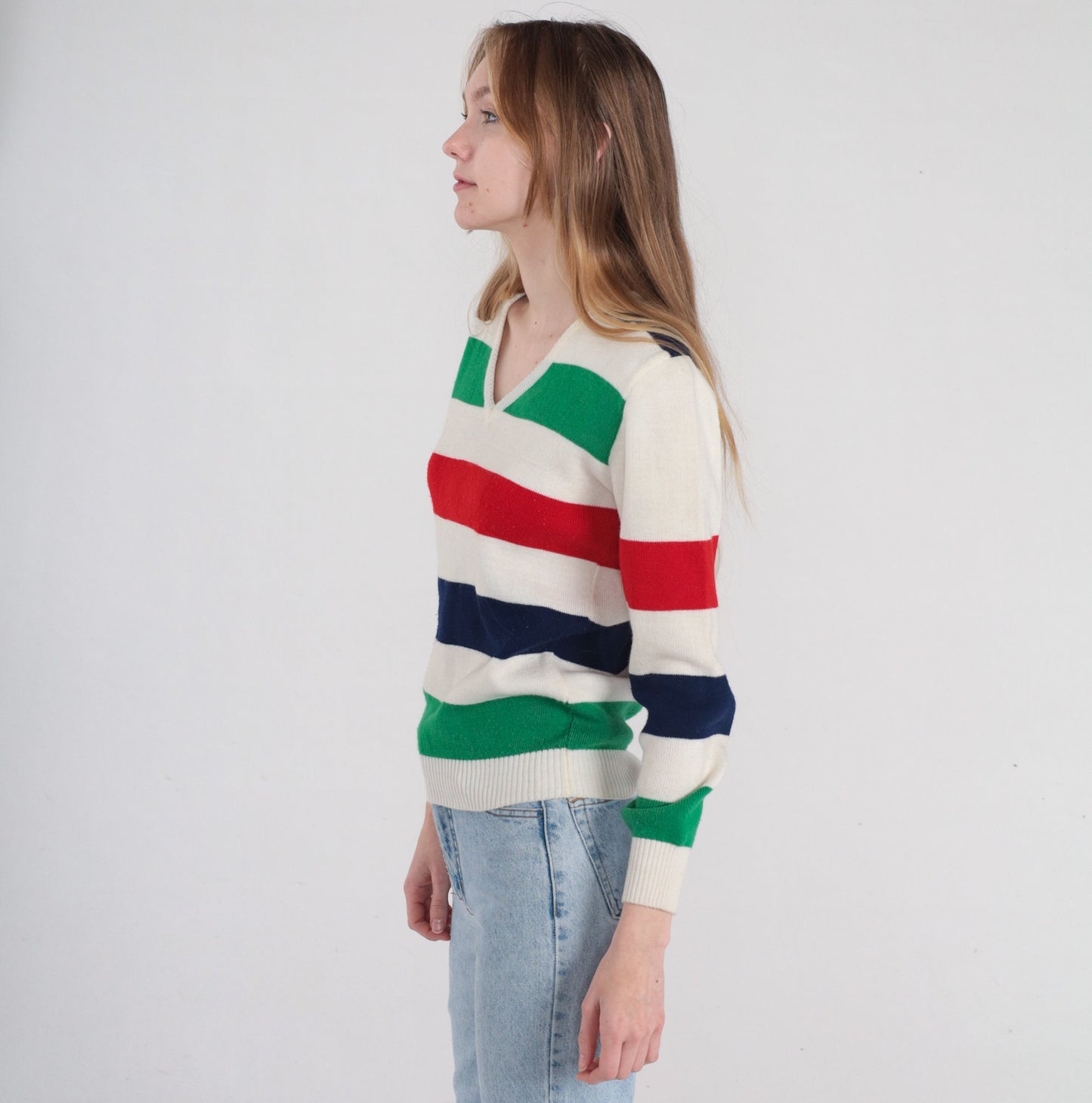 80s Striped V-Neck Sweater White Red Green Navy Pullover Small
