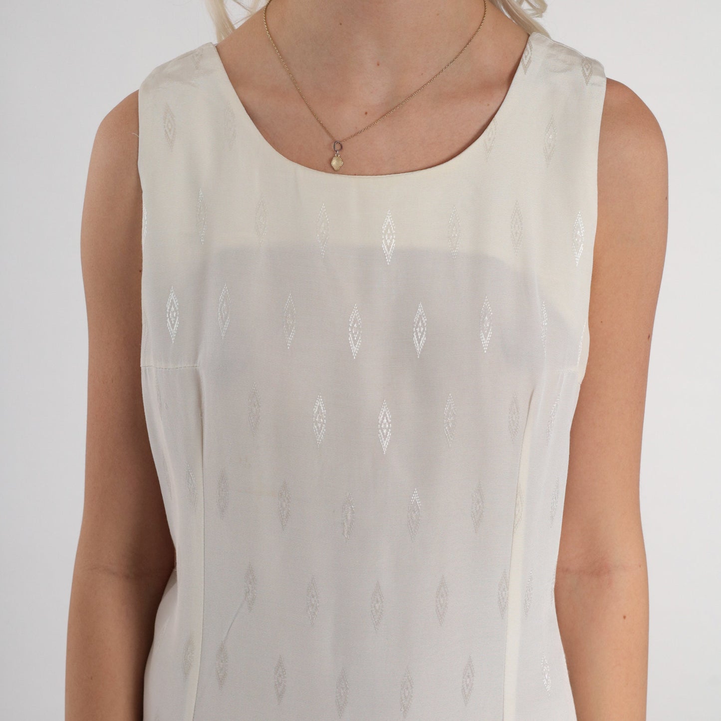 90s White Semi-Sheer Mini Shift Dress Embossed Diamond Print Sleeveless Medium M
