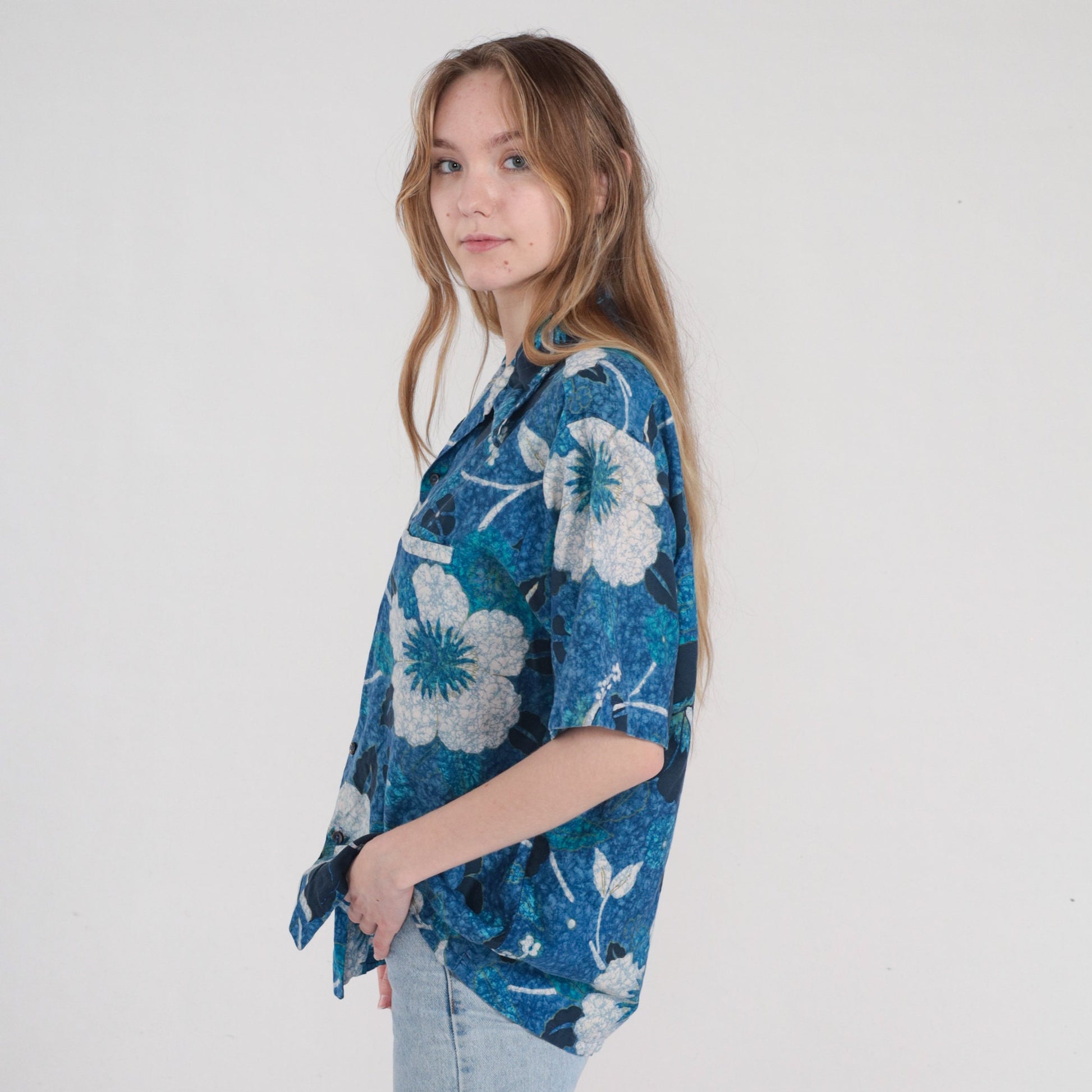 90s Blue Hawaiian Shirt Tropical Floral Leaf Print Cotton Button Up Large