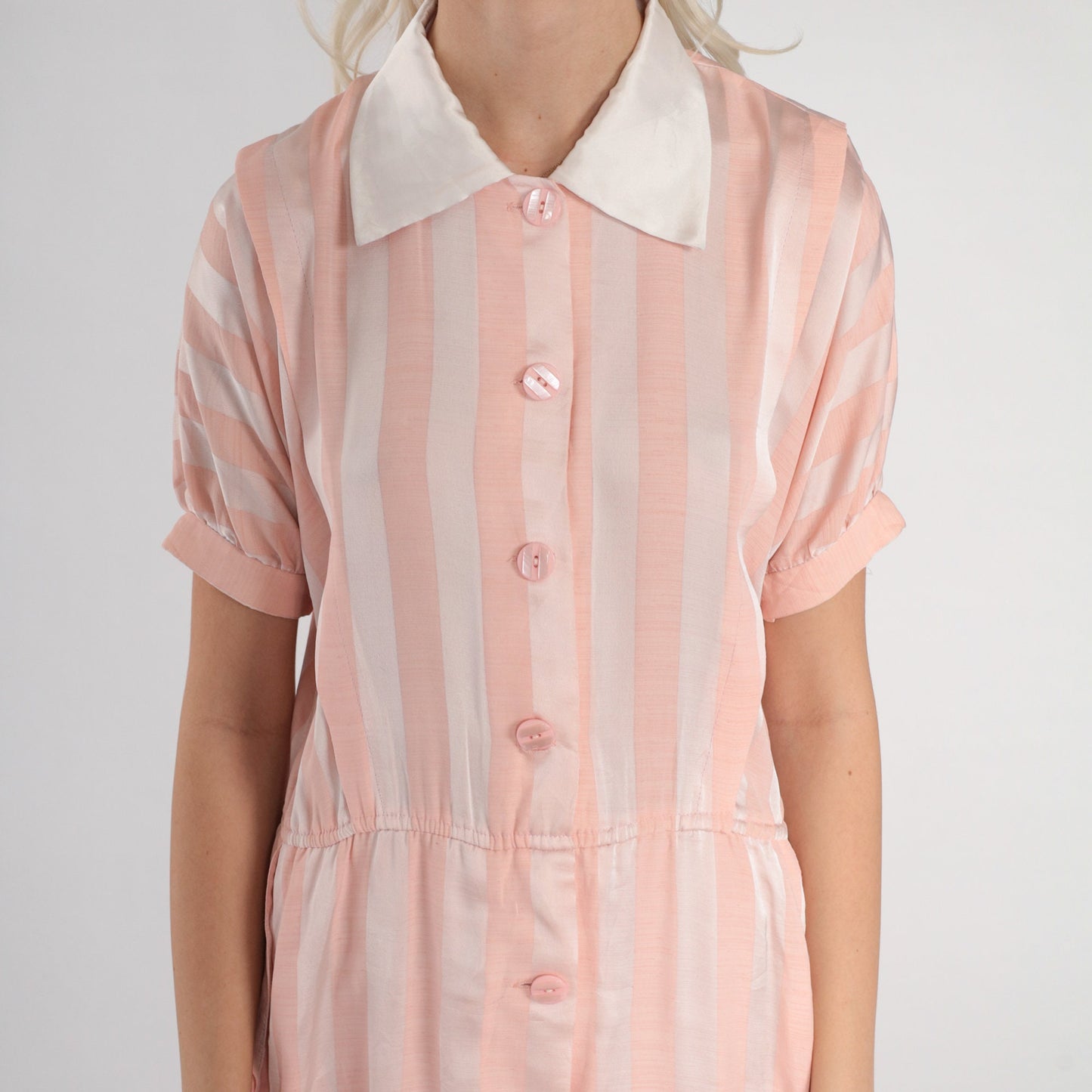 80s Pink White Striped Silk Midi Dress Collared Button-Up Short Sleeve Medium