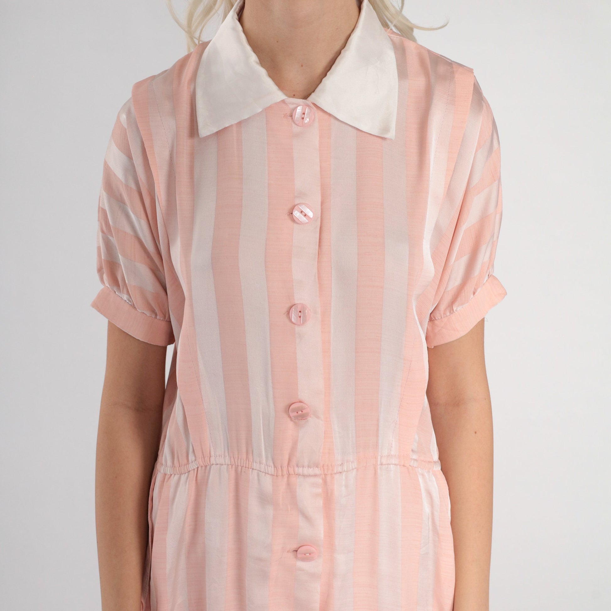 80s Pink White Striped Silk Midi Dress Collared Button-Up Short Sleeve Medium