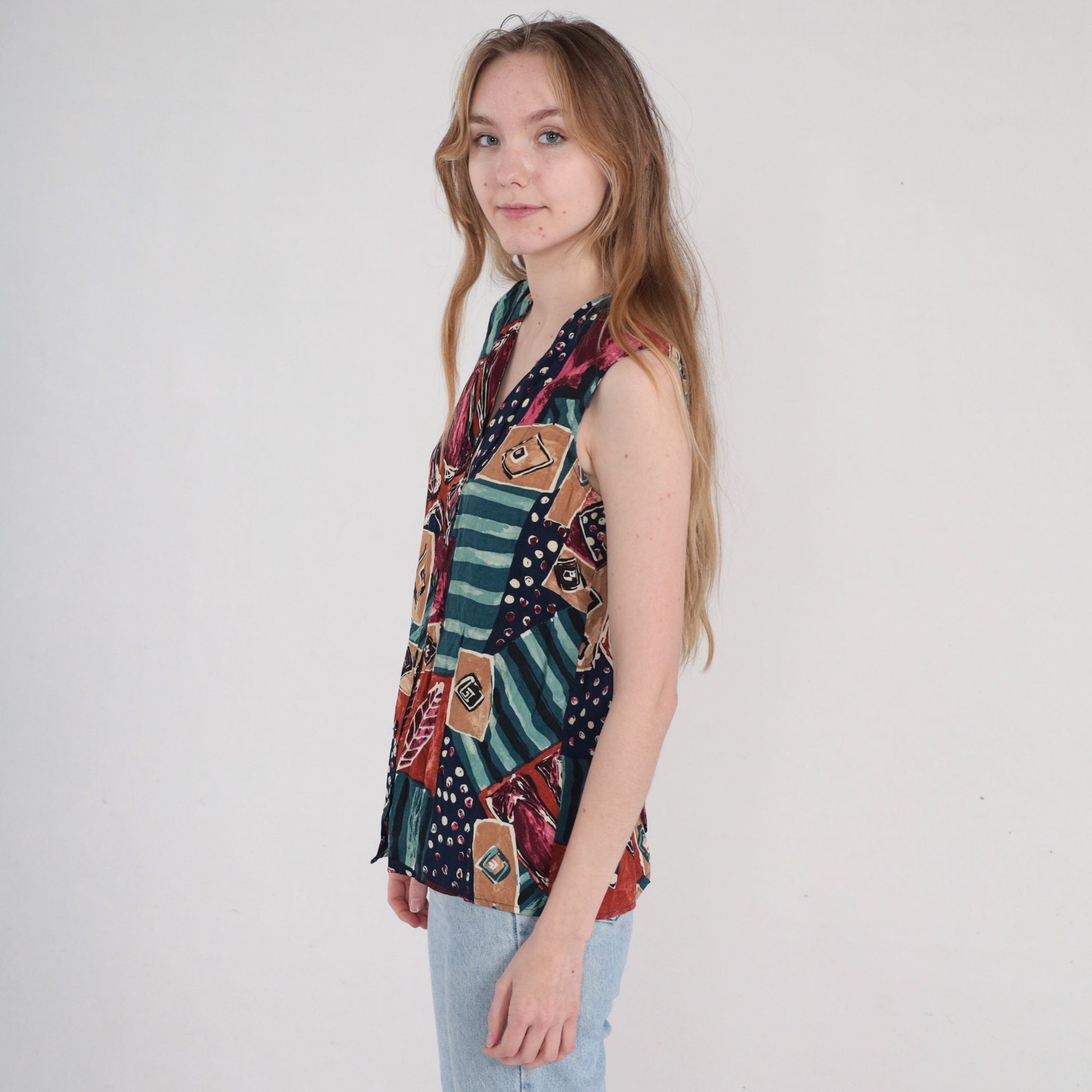 90s Abstract Print Button-Up Tank Top Sleeveless Blouse Medium