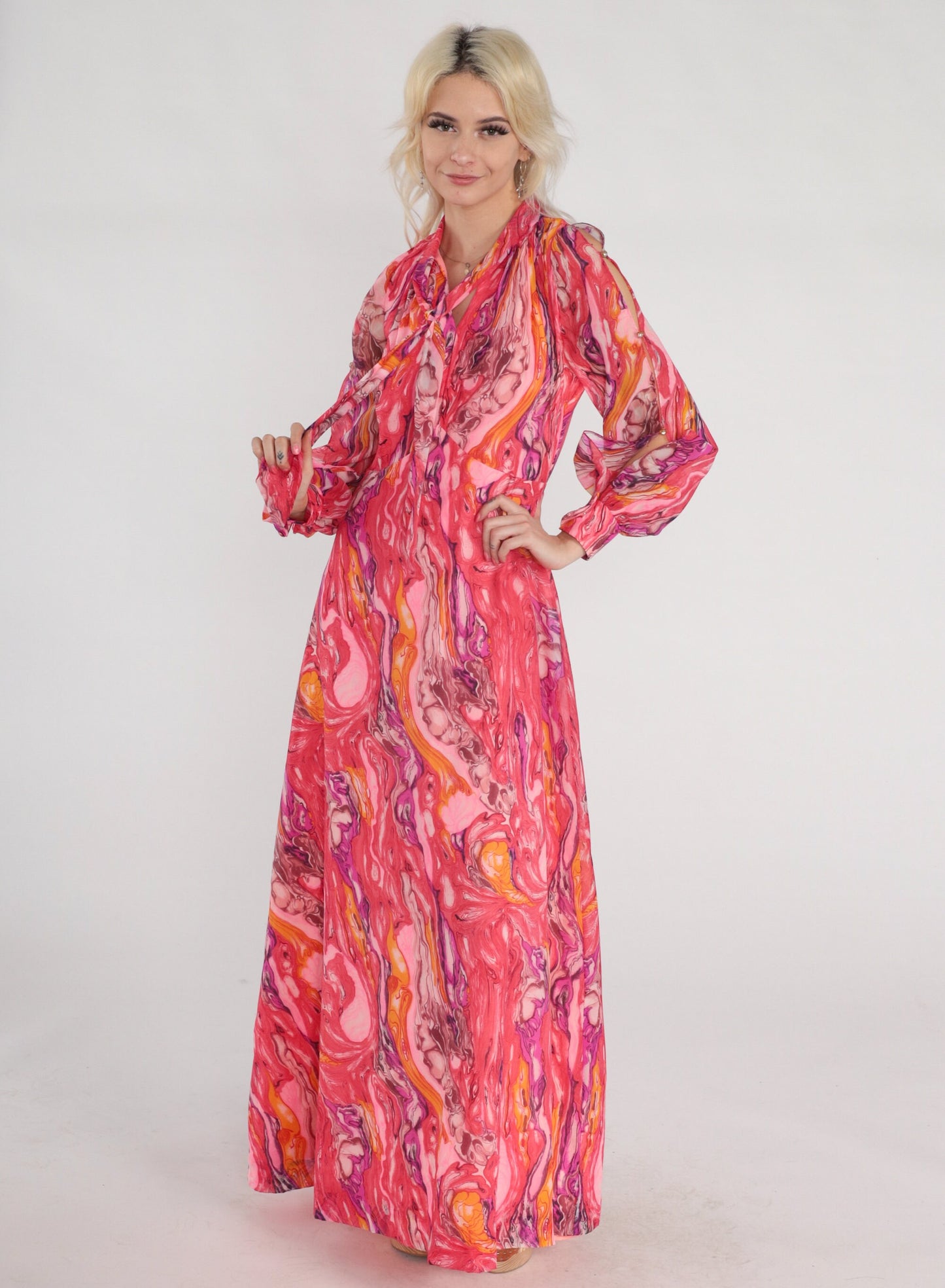 70s Psychedelic Marble Print Maxi Dress Pink Orange Purple Keyhole Tie Neck Small
