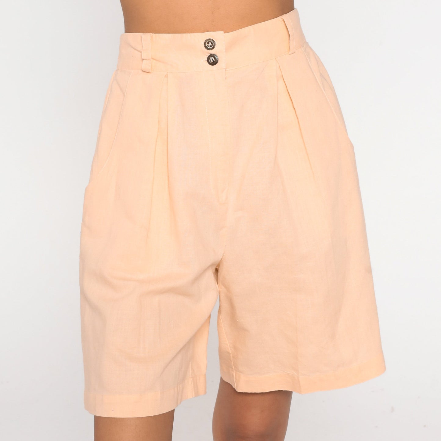 90s Light Peach Pleated High-Waist Shorts Cotton Blend Medium