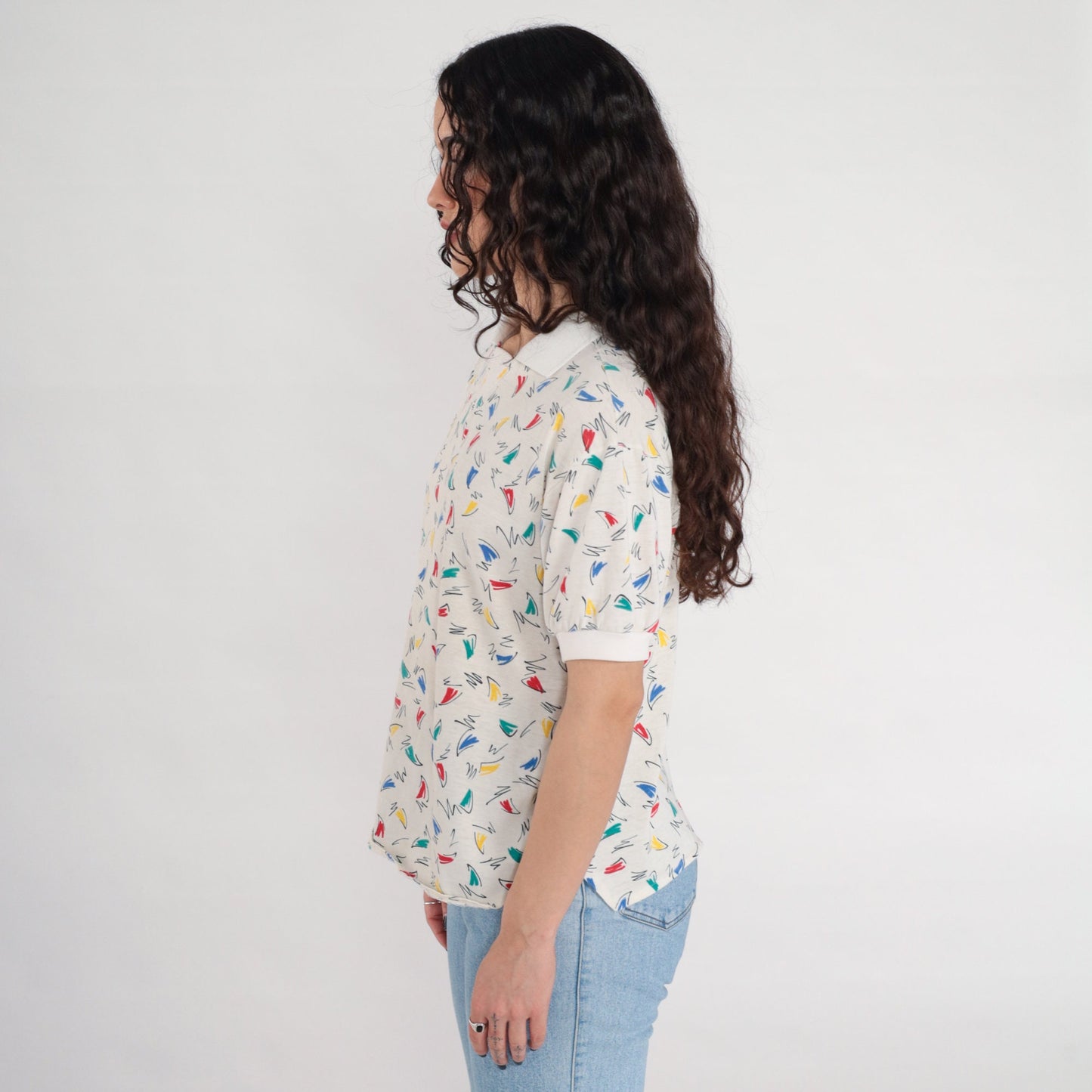80s Squiggle Print Geometric Collared Shirt White Cotton Blend Large L