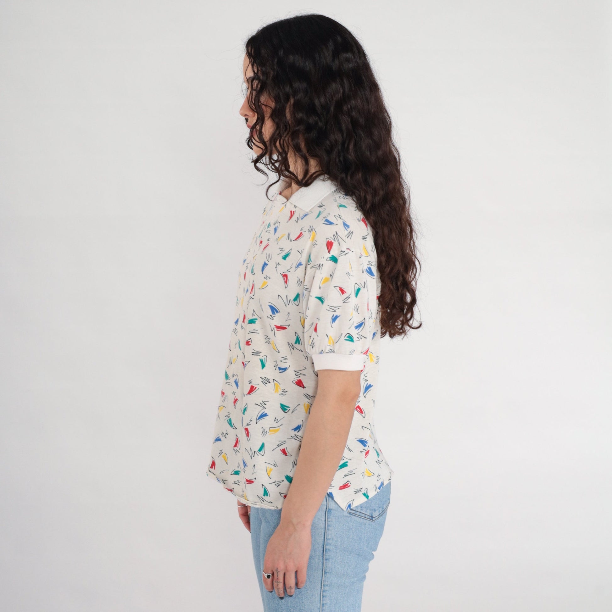 80s Squiggle Print Geometric Collared Shirt White Cotton Blend Large L