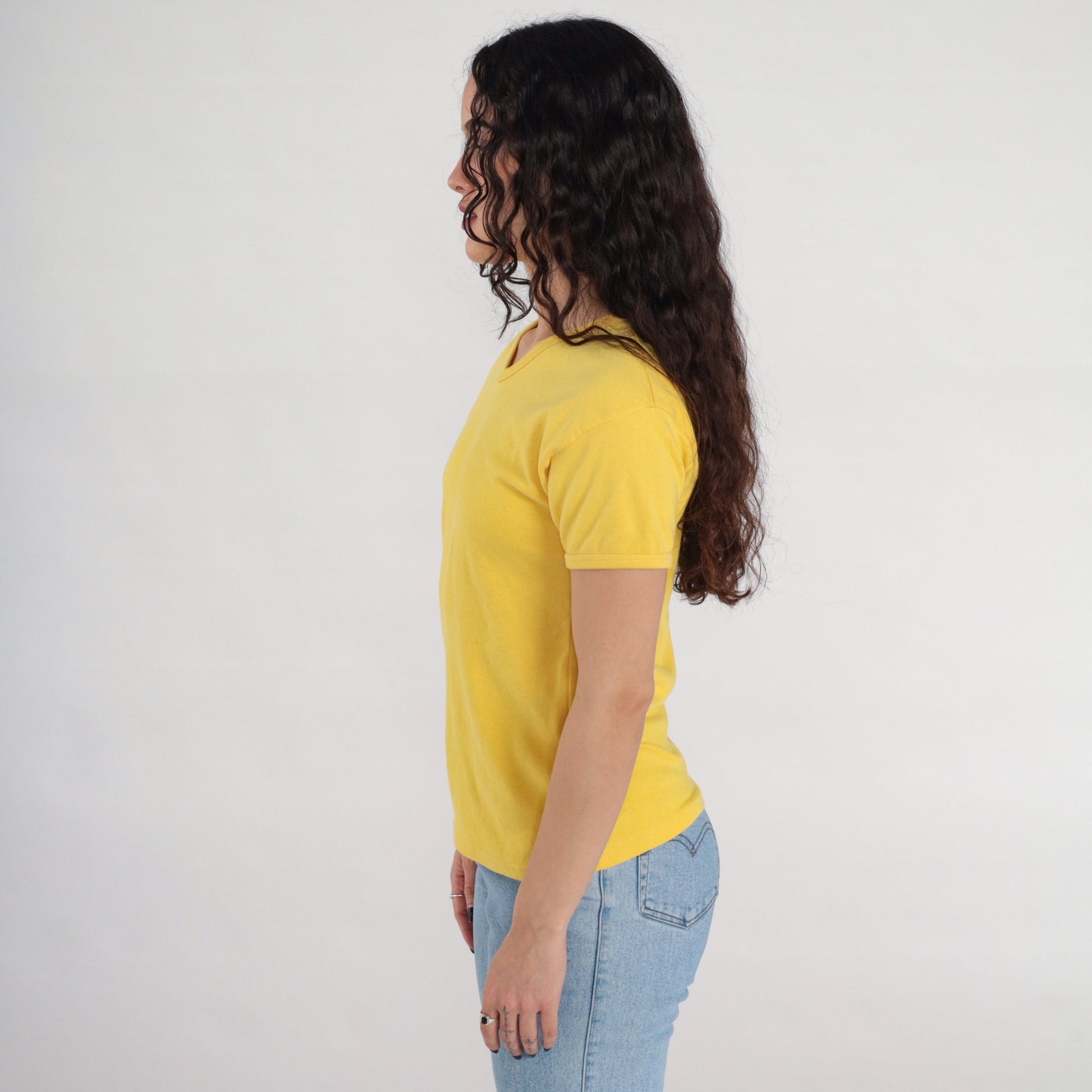 90s Yellow V-Neck T-Shirt Plain Cotton Blend Tee Small S