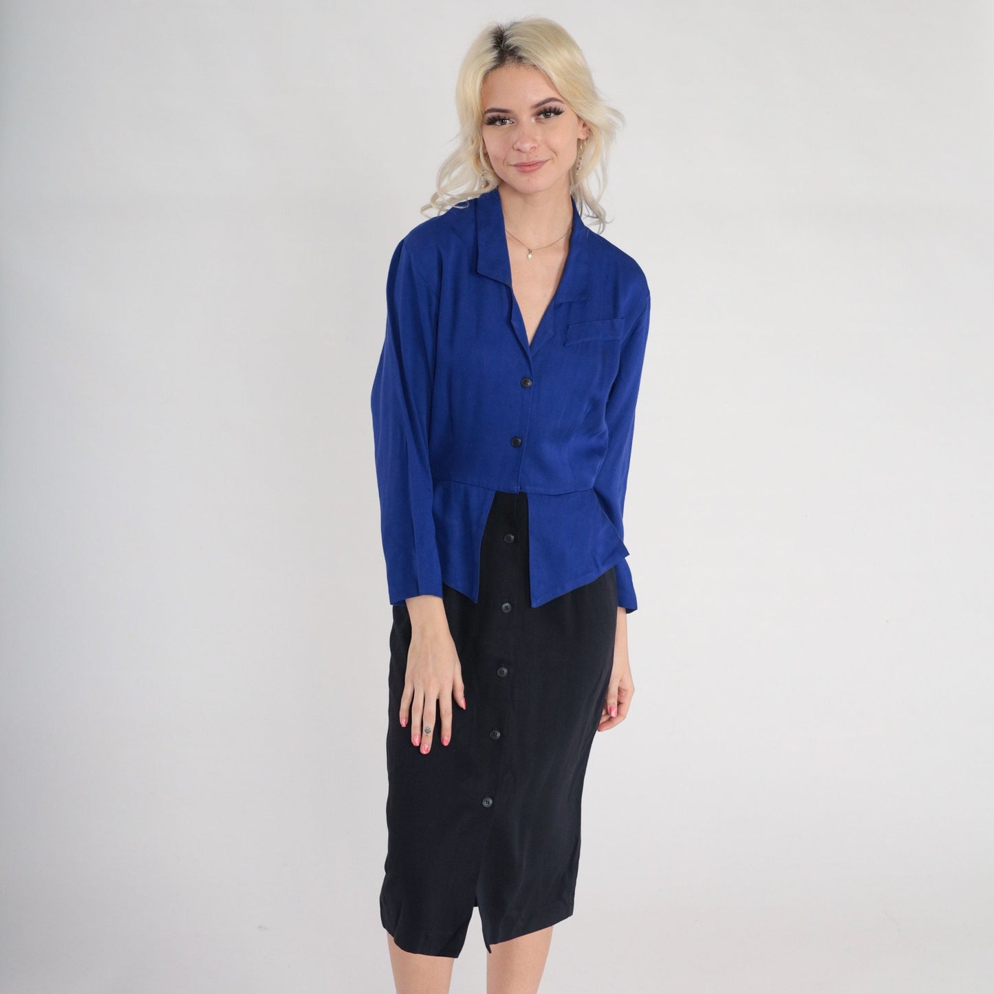 90s Carol Anderson Peplum Midi Dress Blue Black Button-Up Long Sleeve XS