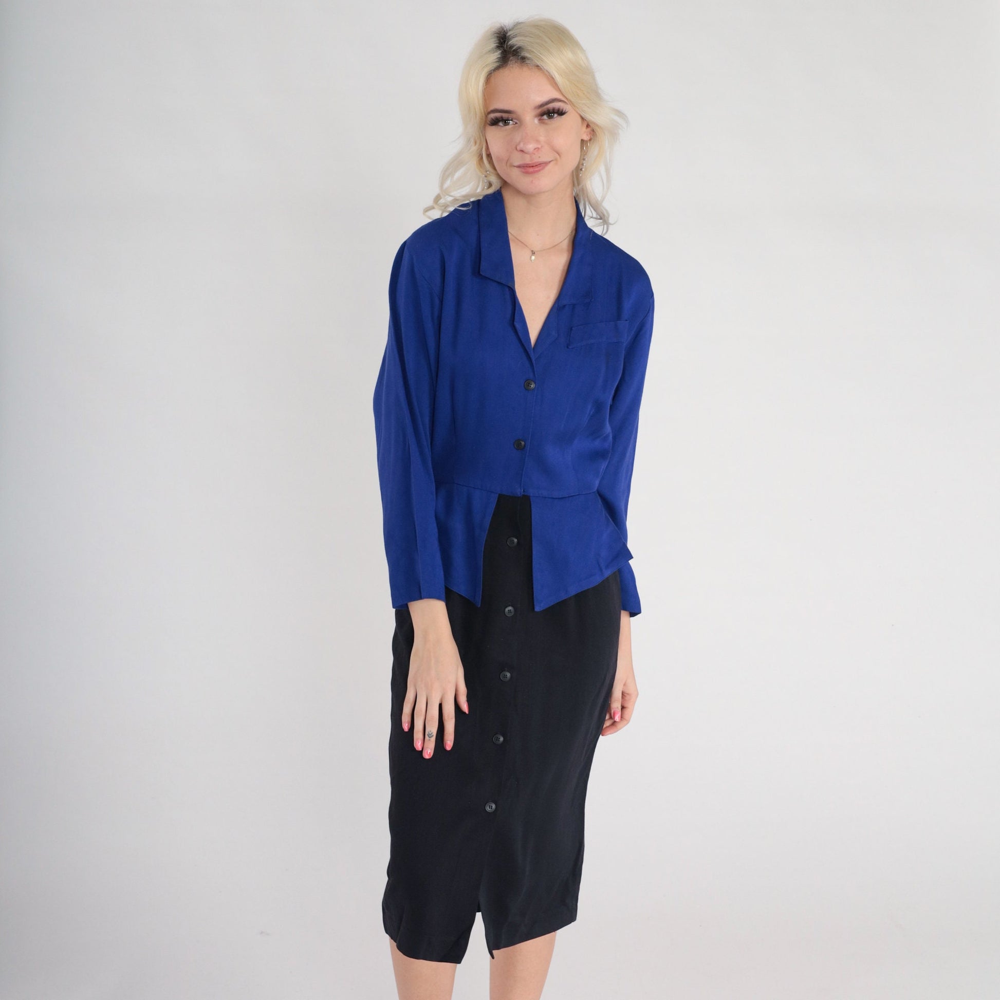 90s Carol Anderson Peplum Midi Dress Blue Black Button-Up Long Sleeve XS