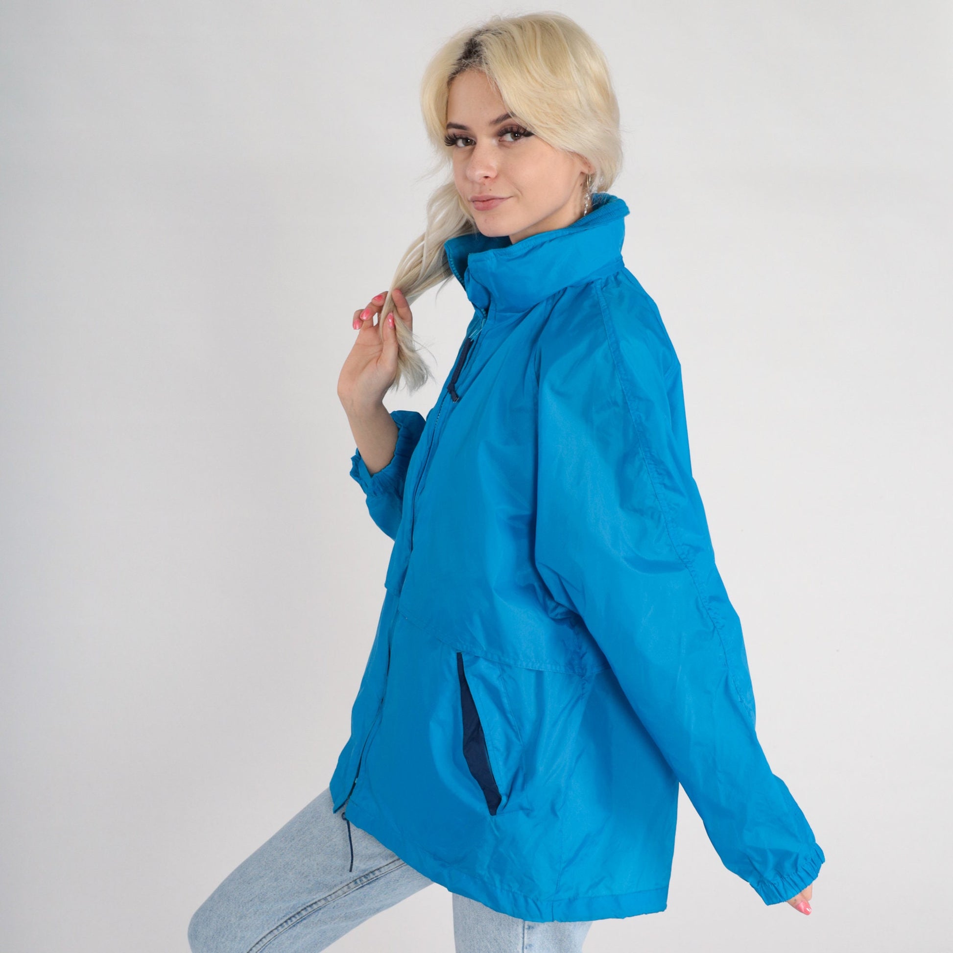 90s Eddie Bauer Blue Nylon Windbreaker Hidden Hood Zip Jacket Large