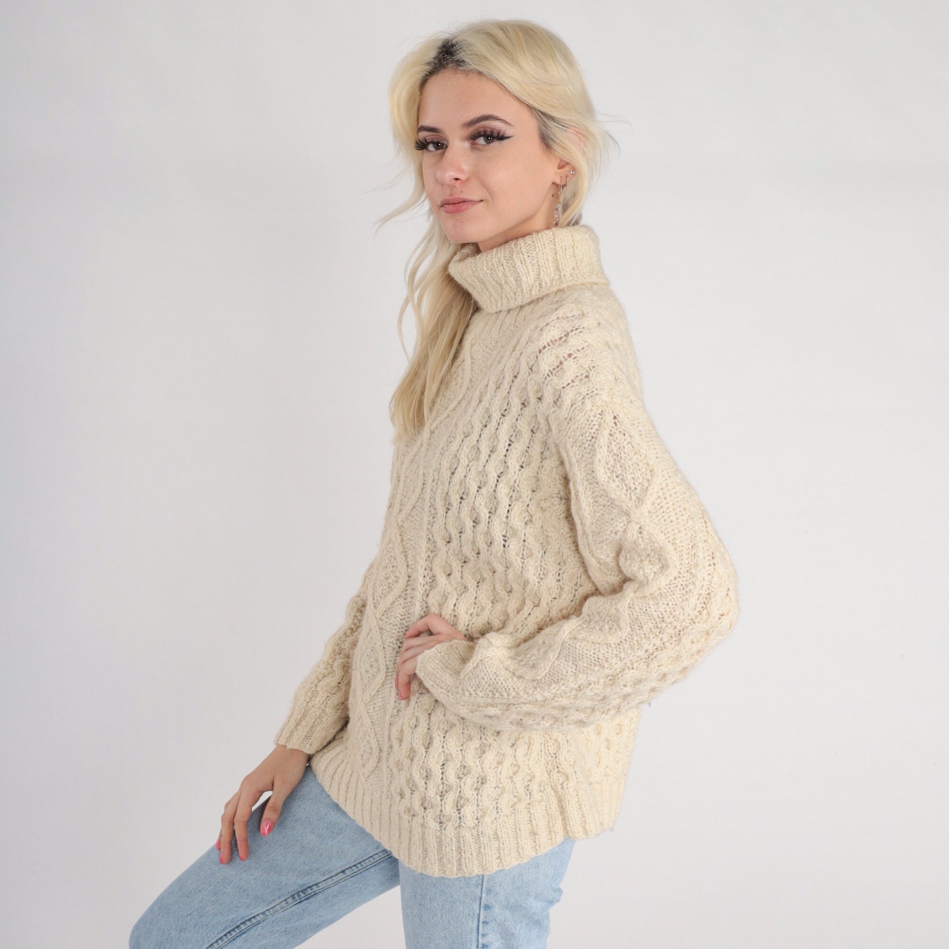 90s Liz Claiborne Cream Cable Knit Wool Turtleneck Sweater Medium M