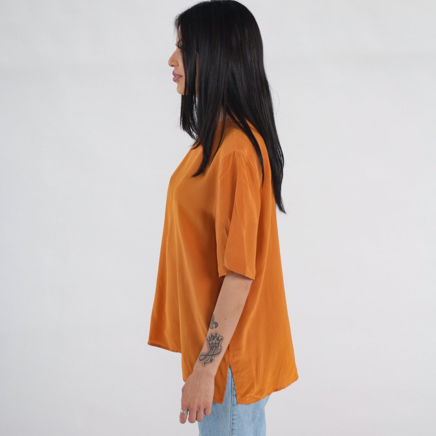 90s Orange Silk Blouse Short Sleeve Keyhole Back Vintage Top Large