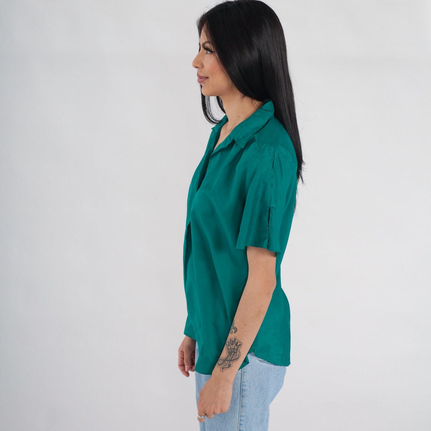80s You Babes Green Collared Blouse Slit Sleeve V-Neck Medium Large