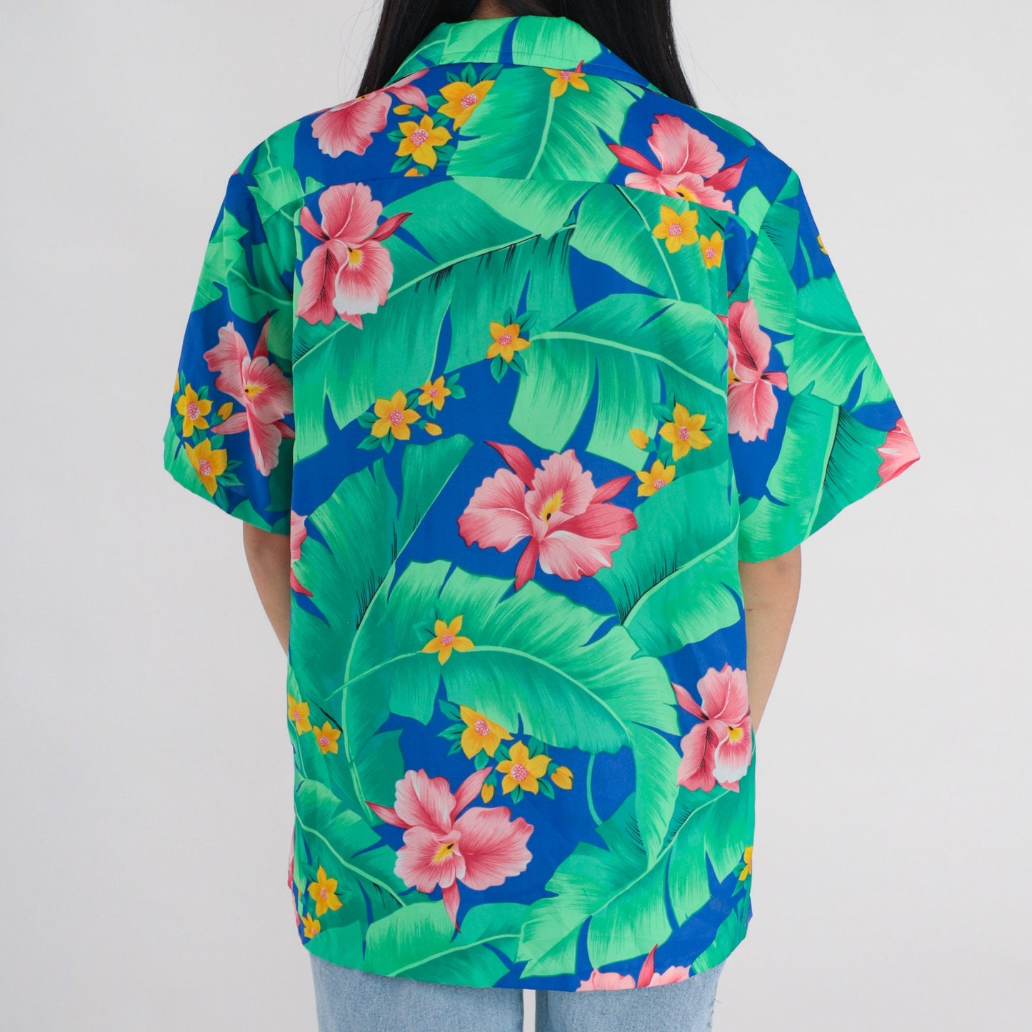 90s Tropical Floral Button Up Shirt Orchid Leaf Print Green Blue Pink Medium