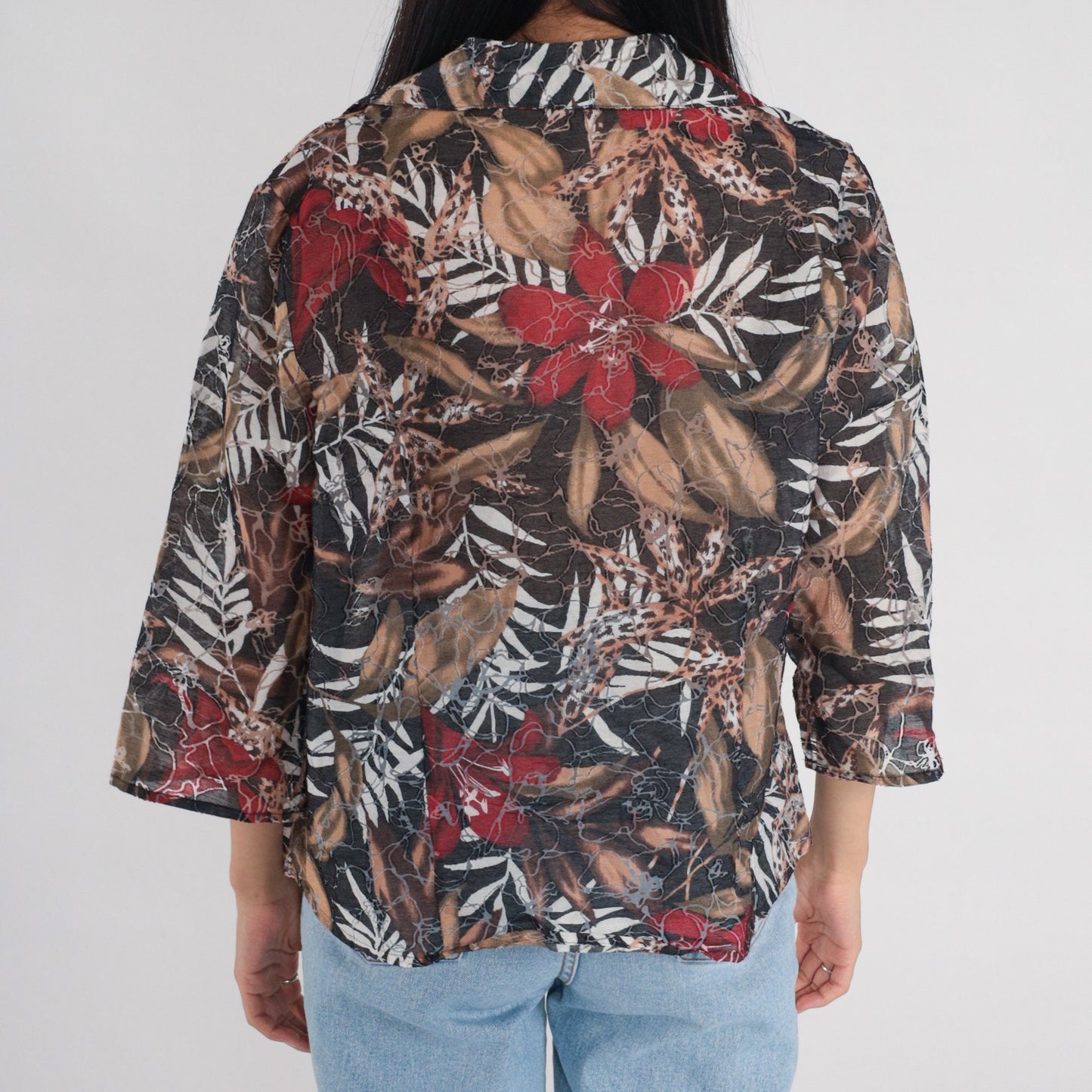 Y2K Abstract Floral Leopard Leaf Print Button-Up Blouse 3/4 Sleeve Grey Red Brown Large L