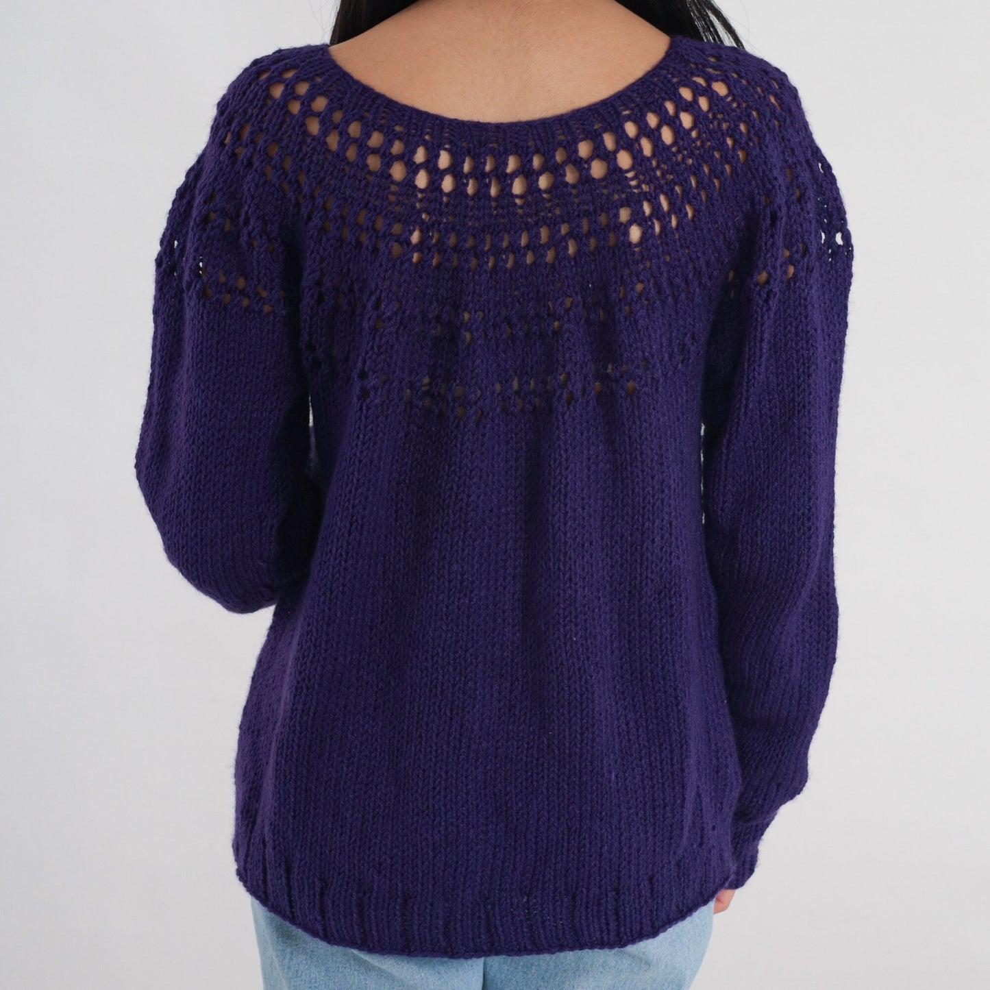 00s Purple Knit Pullover Sweater Open Weave Cutout Yoke Large L