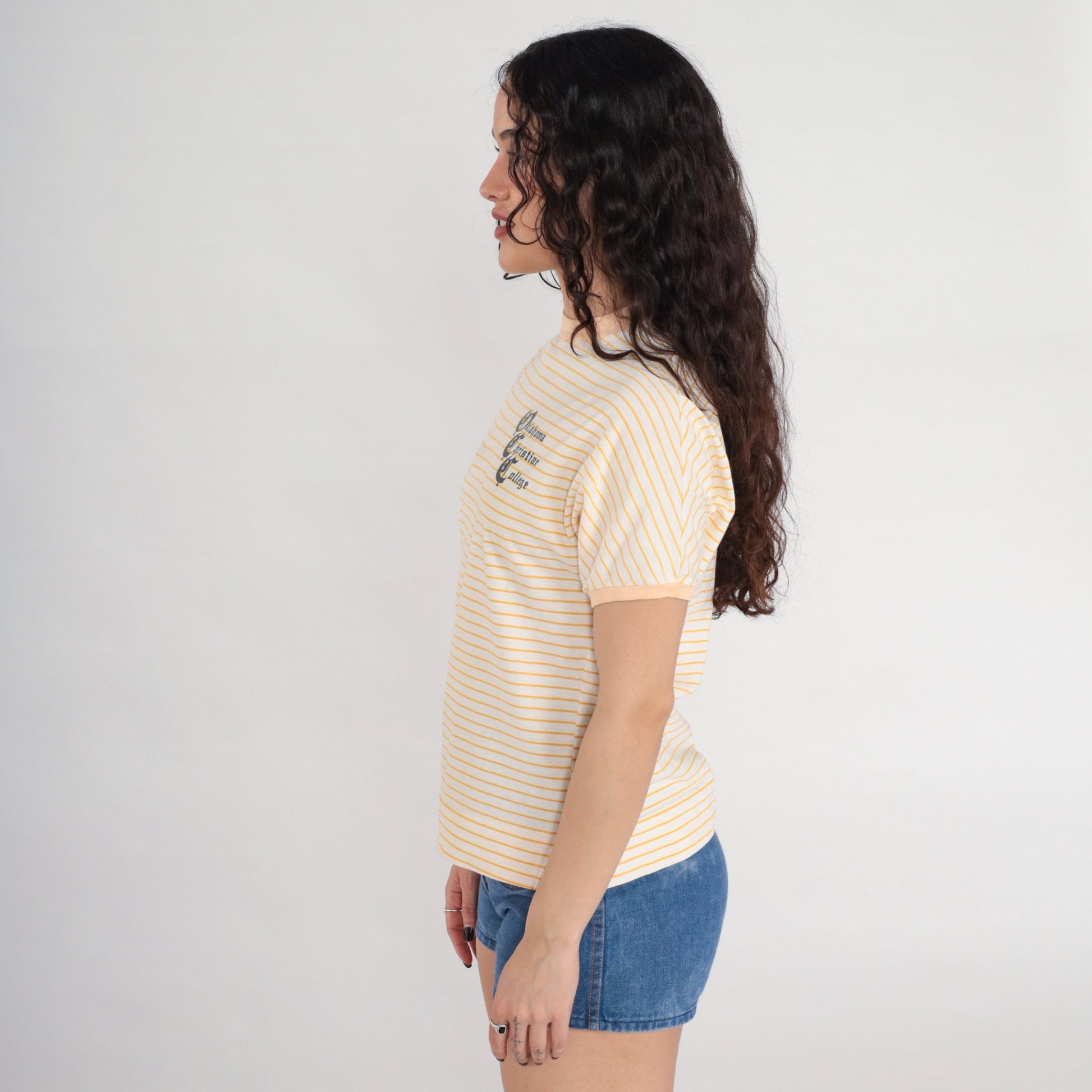 80s Oklahoma Christian College Ringer Tee White Yellow Striped Graphic Small