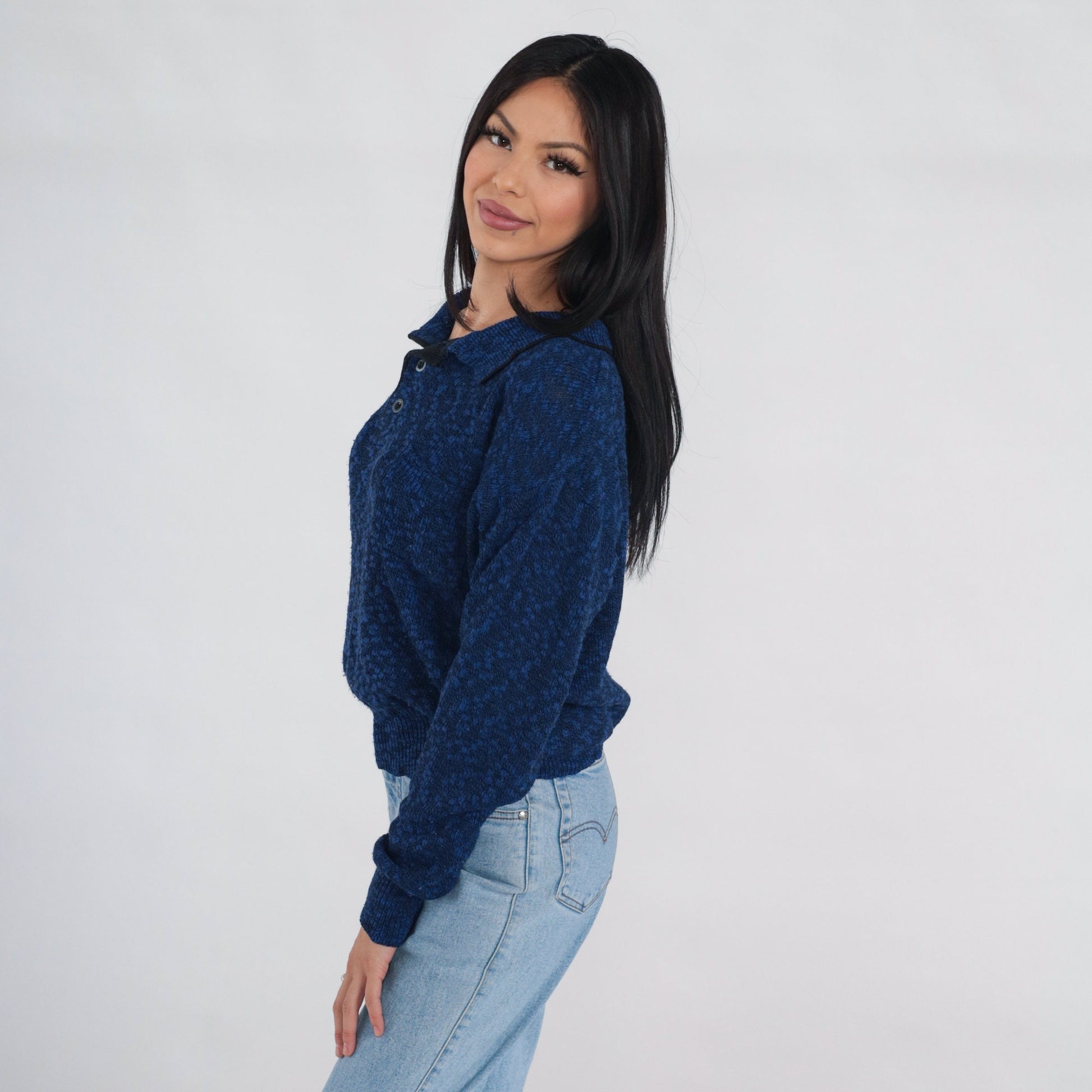 80s Dark Blue Flecked Knit Collared Sweater Quarter Button Pullover Medium Large