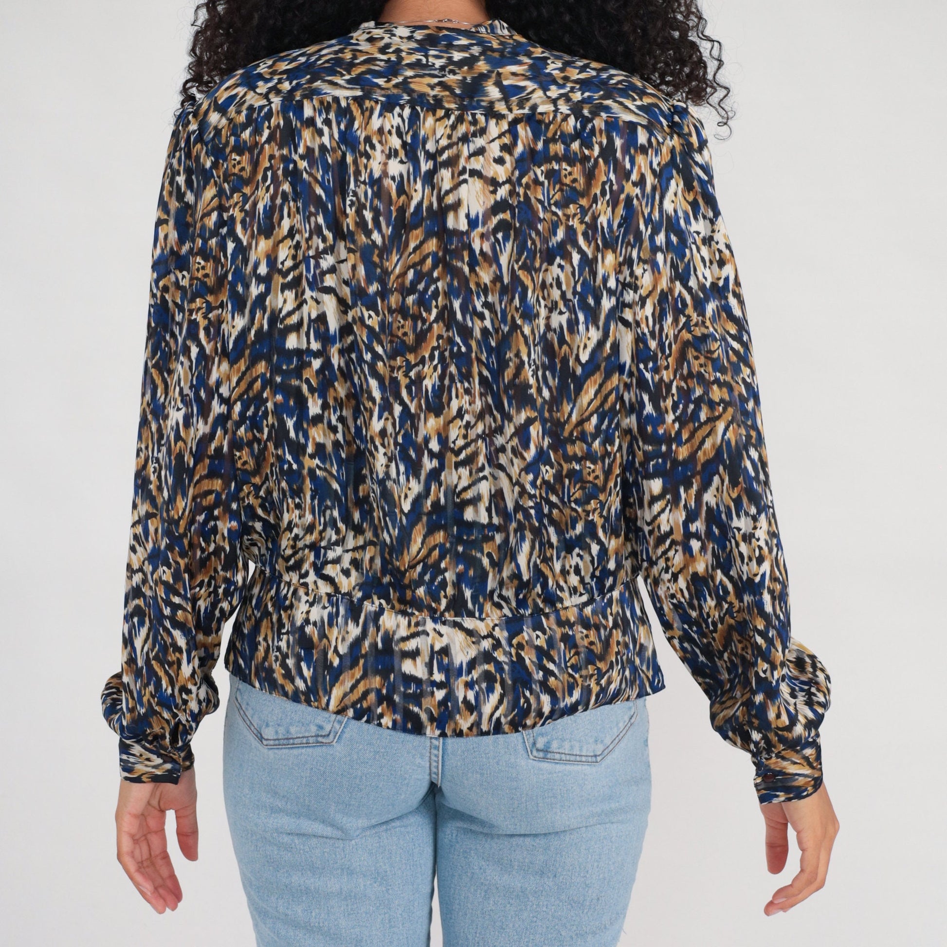 90s Leopard Abstract Animal Print Button-Up Blouse Long Sleeve Extra Large