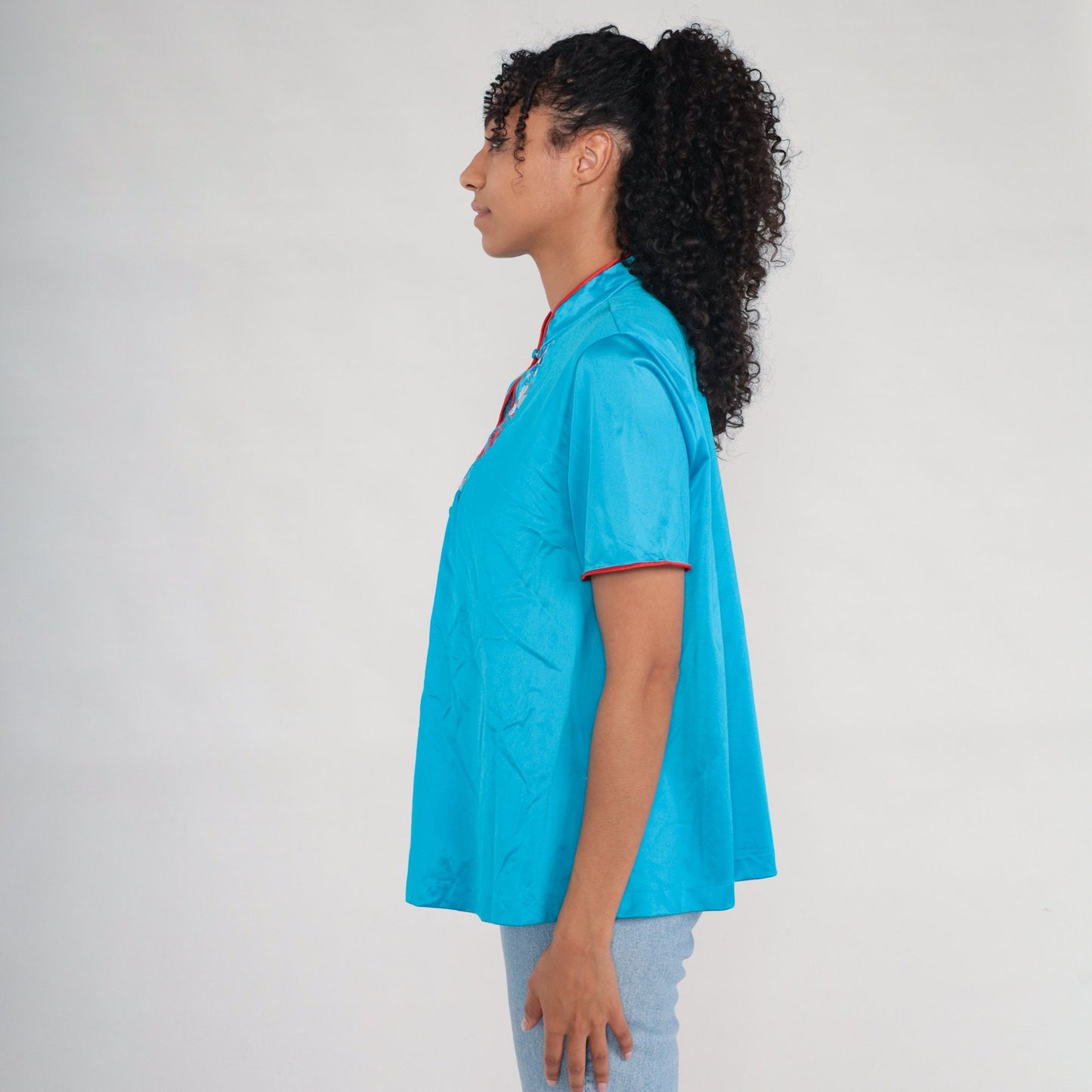 80s Turquoise Nylon Pajama Top Embroidered Floral Button-Up Shirt Large L