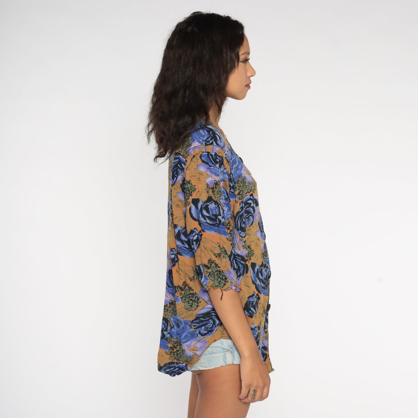 90s Floral Button Up Blouse Purple Brown Rose Print Pleated 3/4 Sleeve Extra Large
