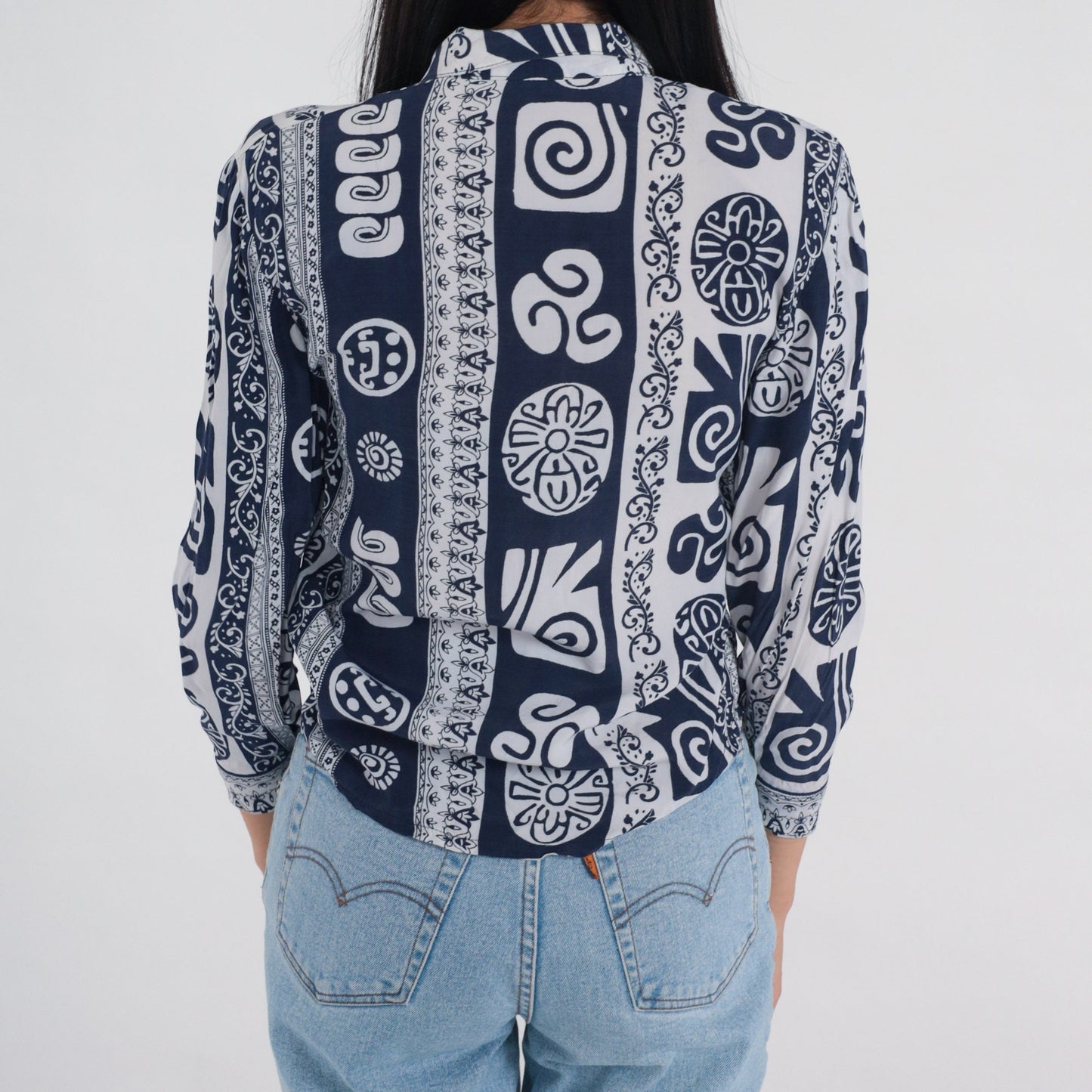 90s Abstract Print Button-Up Blouse Navy White Long Sleeve XS