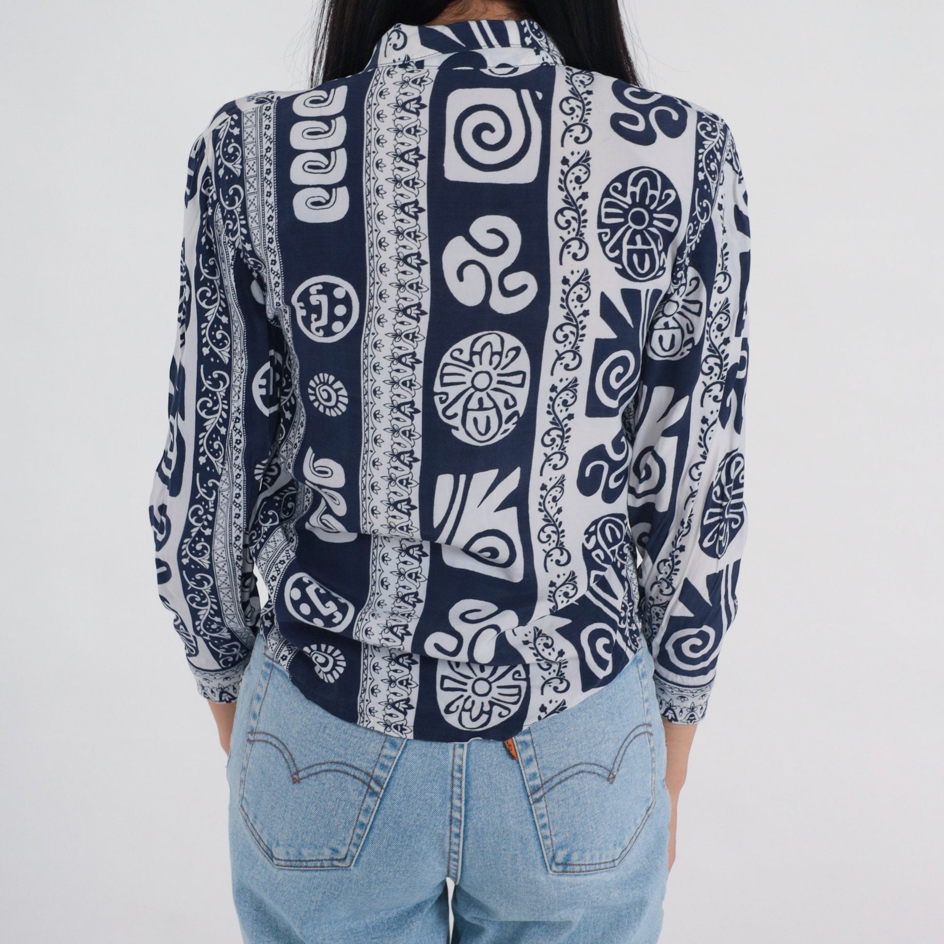 90s Abstract Print Button-Up Blouse Navy White Long Sleeve XS