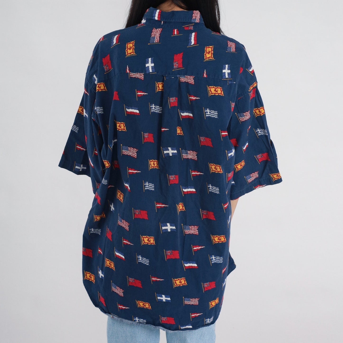90s International Flag Print Button Up Shirt Navy Cotton Men's Extra Large XL
