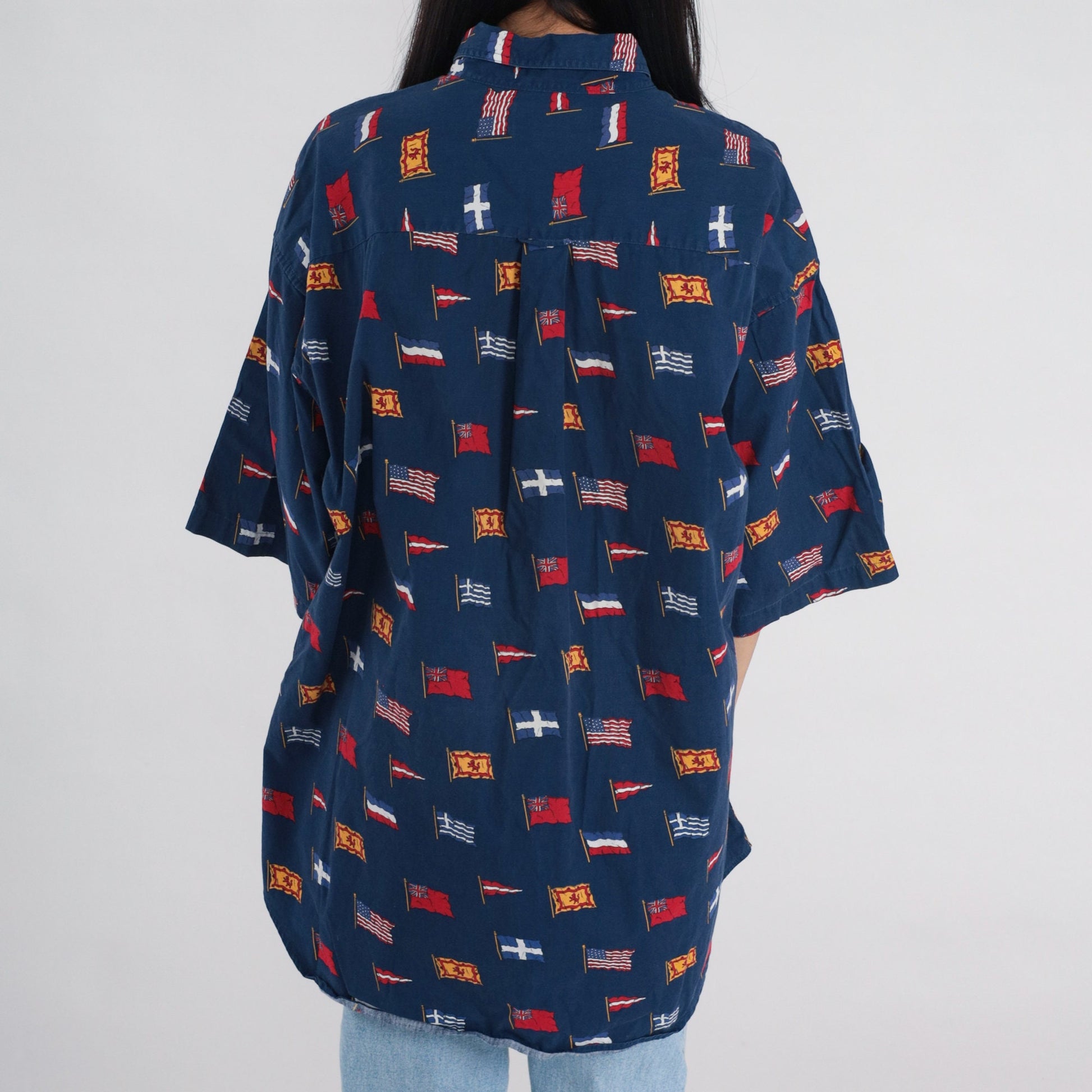 90s International Flag Print Button Up Shirt Navy Cotton Men's Extra Large XL