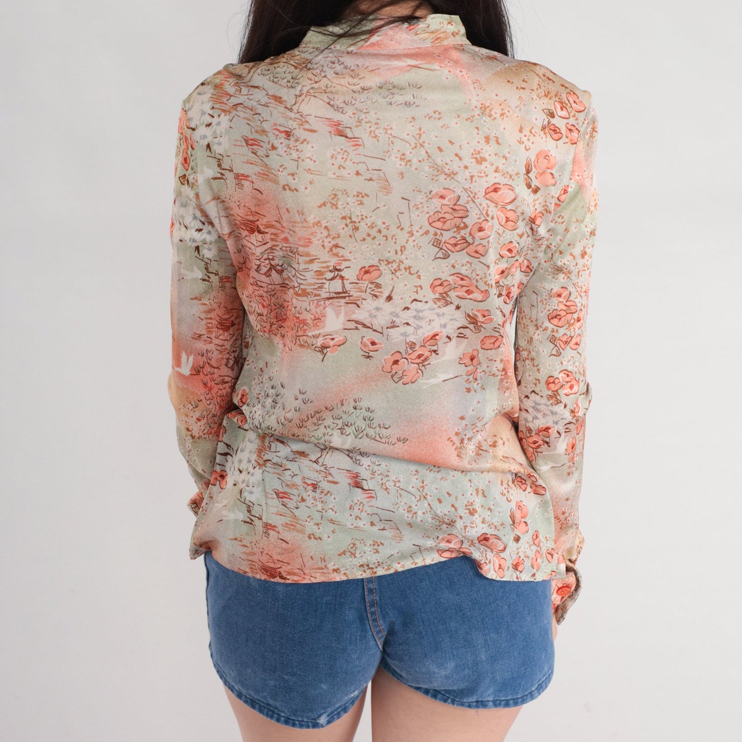 70s Floral Bird Village Print Ascot Blouse Pink Orange Green Long Sleeve Small