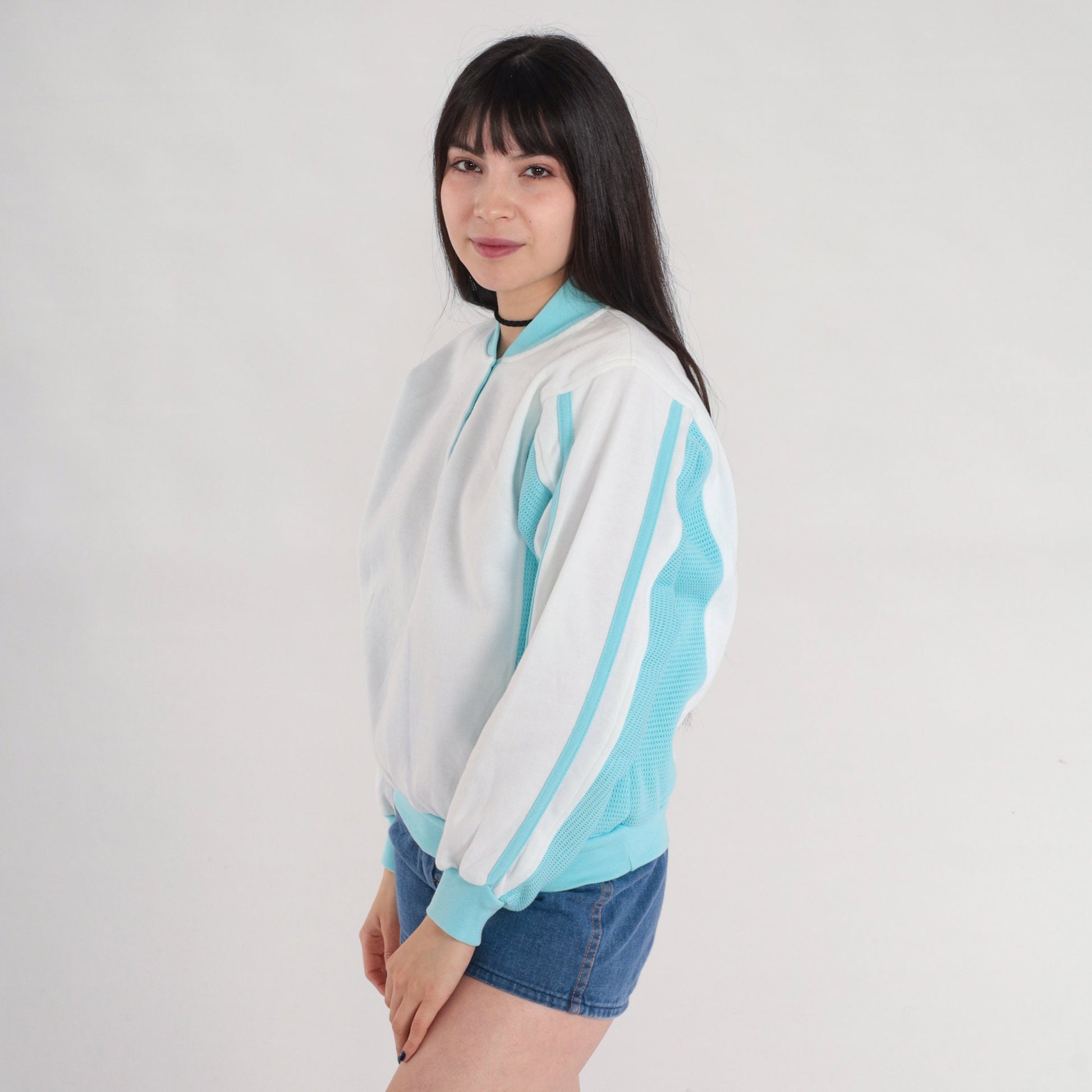 80s White Henley Sweatshirt Blue Mesh Panels Crewneck Small