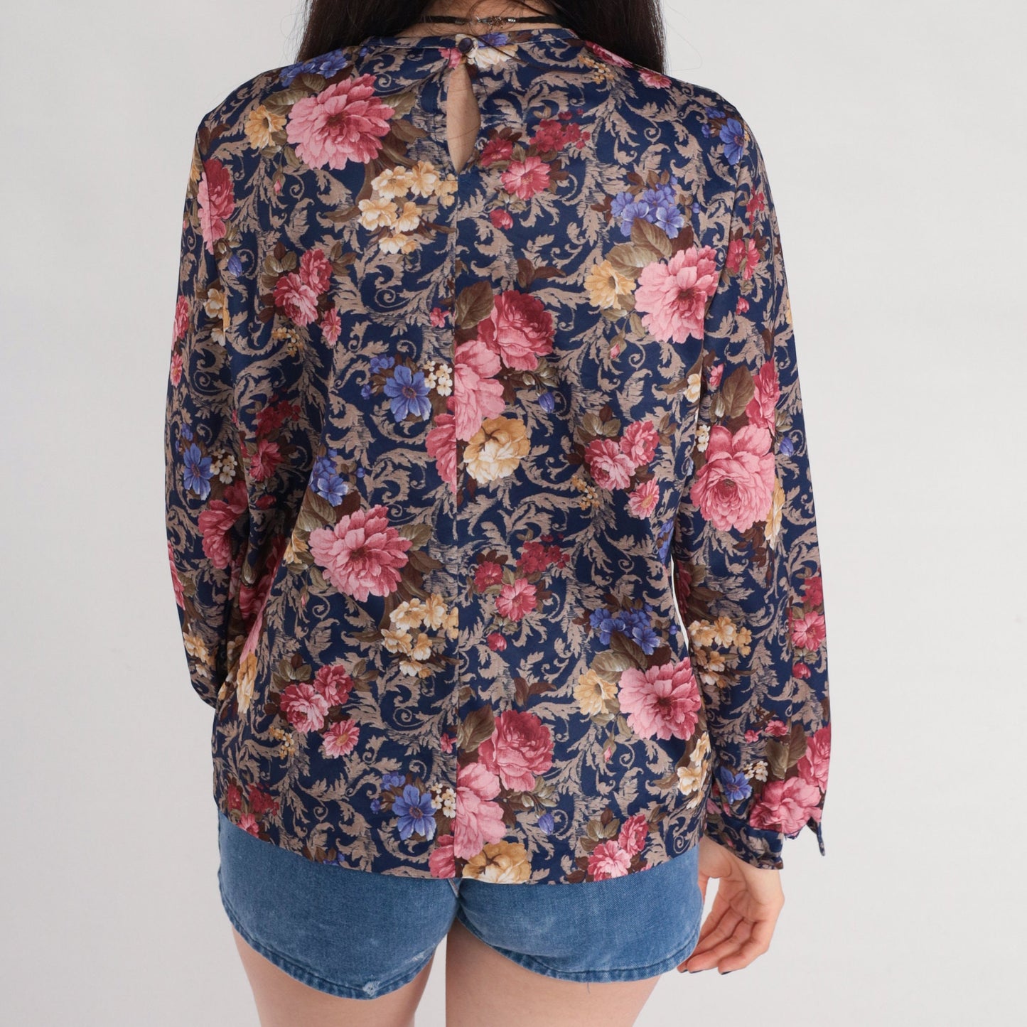 80s Blue Floral Pleated Blouse Long Sleeve Rose Leaf Print Tuxedo Top Medium