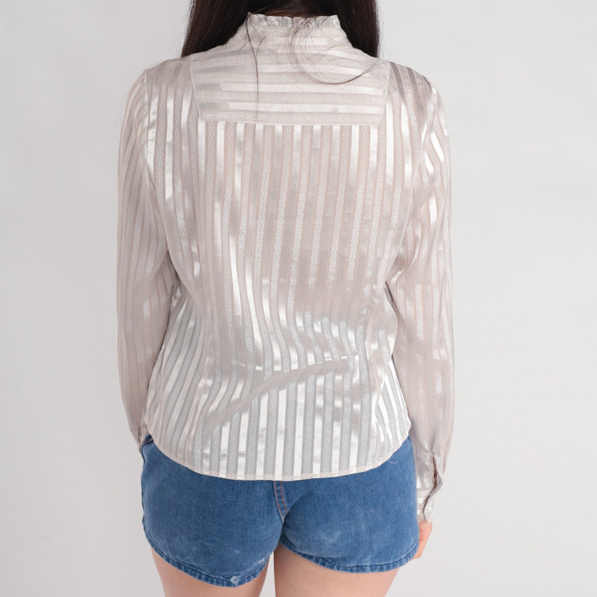Y2K White Striped Tuxedo Ruffle Blouse Rhinestone Buttons High Neck Medium