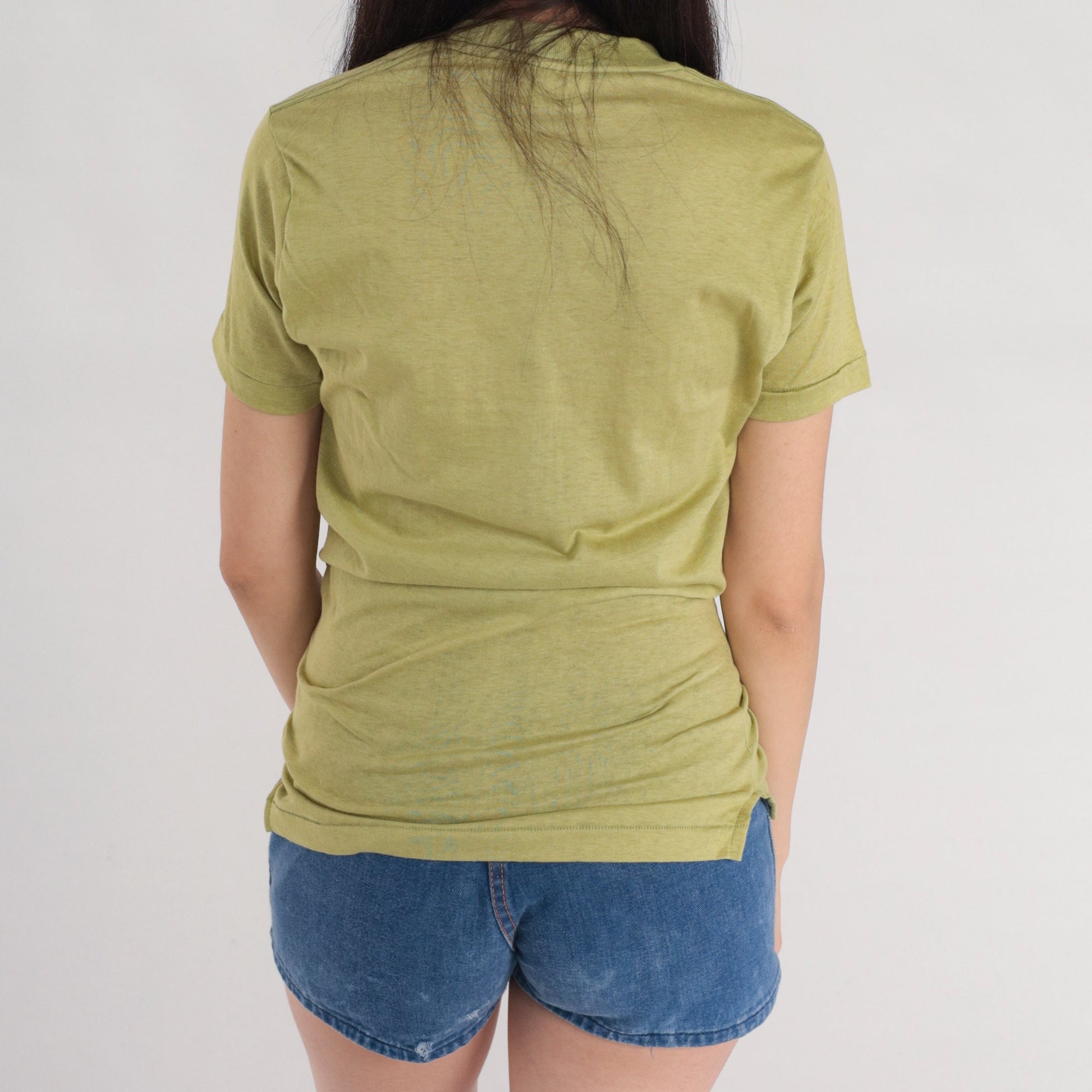 80s Green Cotton T-Shirt Single Stitch Crew Neck Plain Tee Medium M