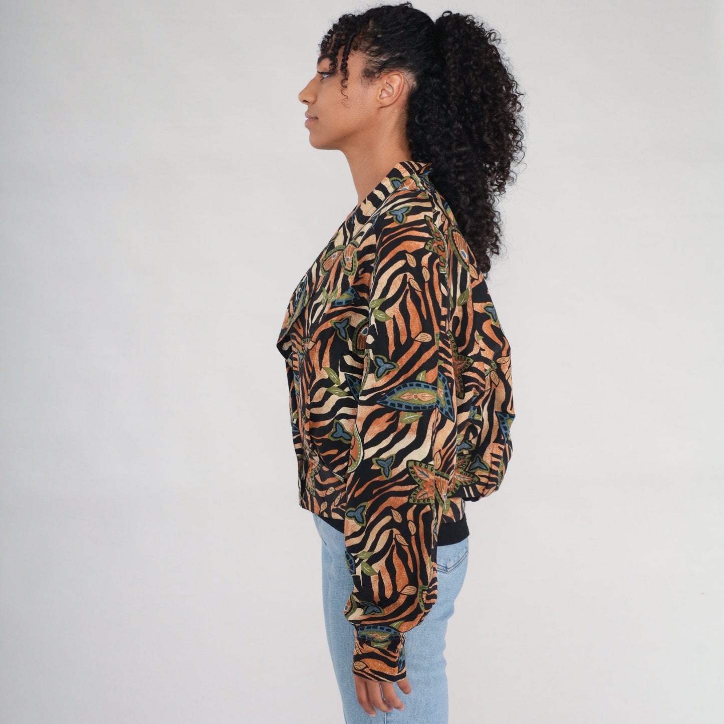 00s Silk Tiger Stripe Windbreaker Jacket Floral Deep V Black Burnt Orange Large