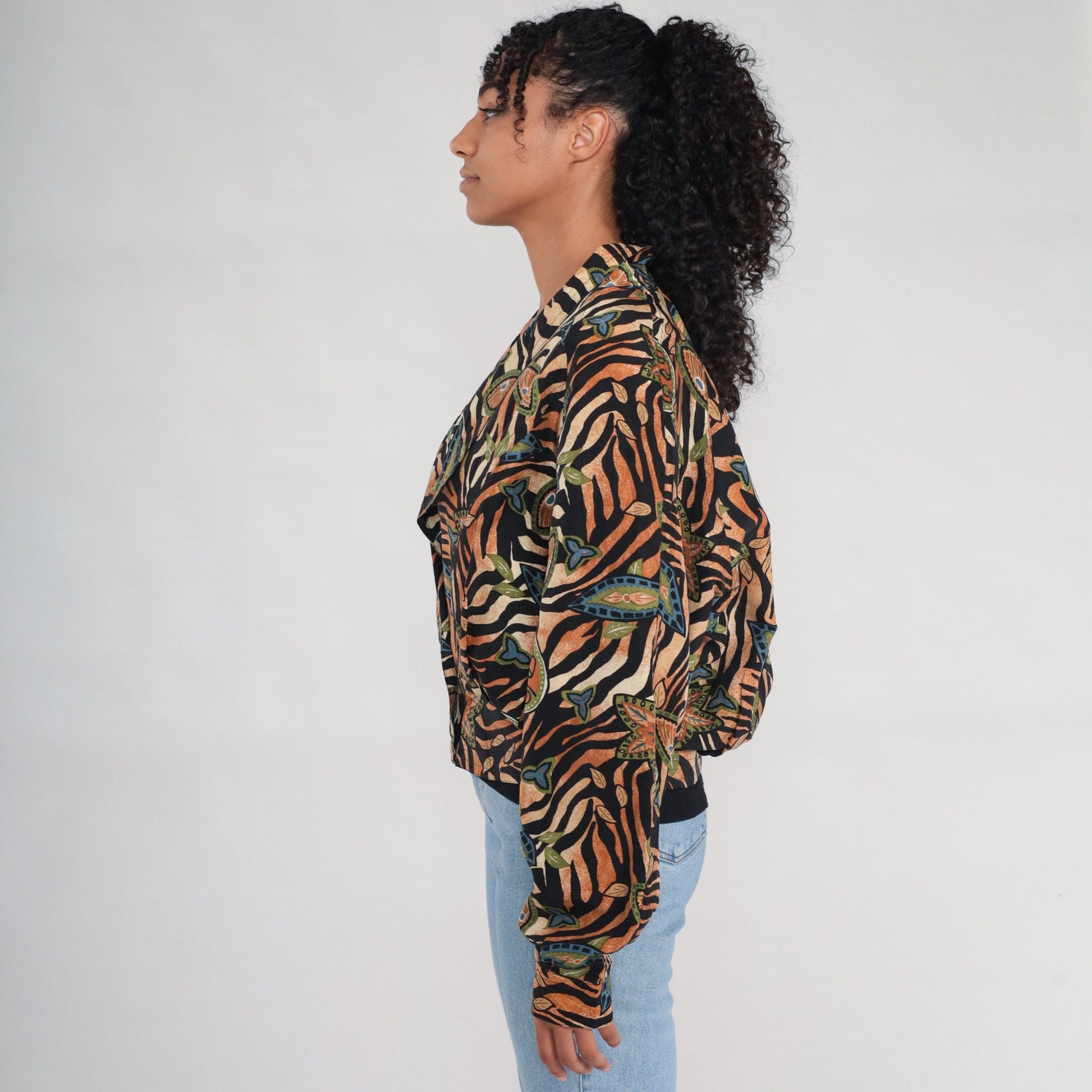 00s Silk Tiger Stripe Windbreaker Jacket Floral Deep V Black Burnt Orange Large
