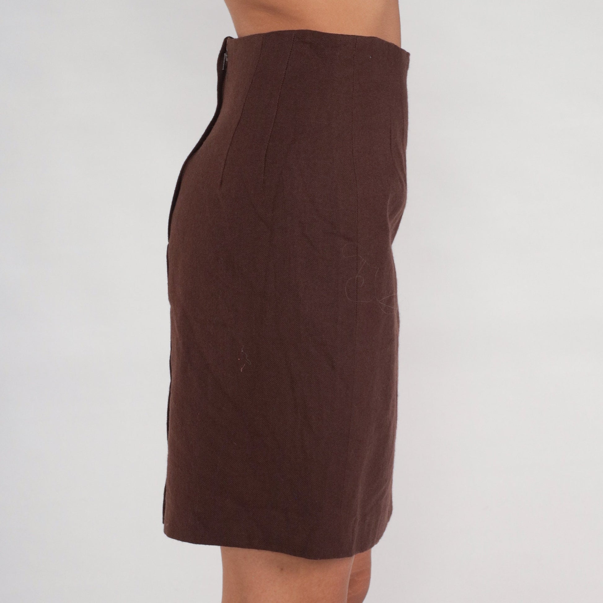 70s Brown Wool Pencil Skirt High Waist Rear Zip Small