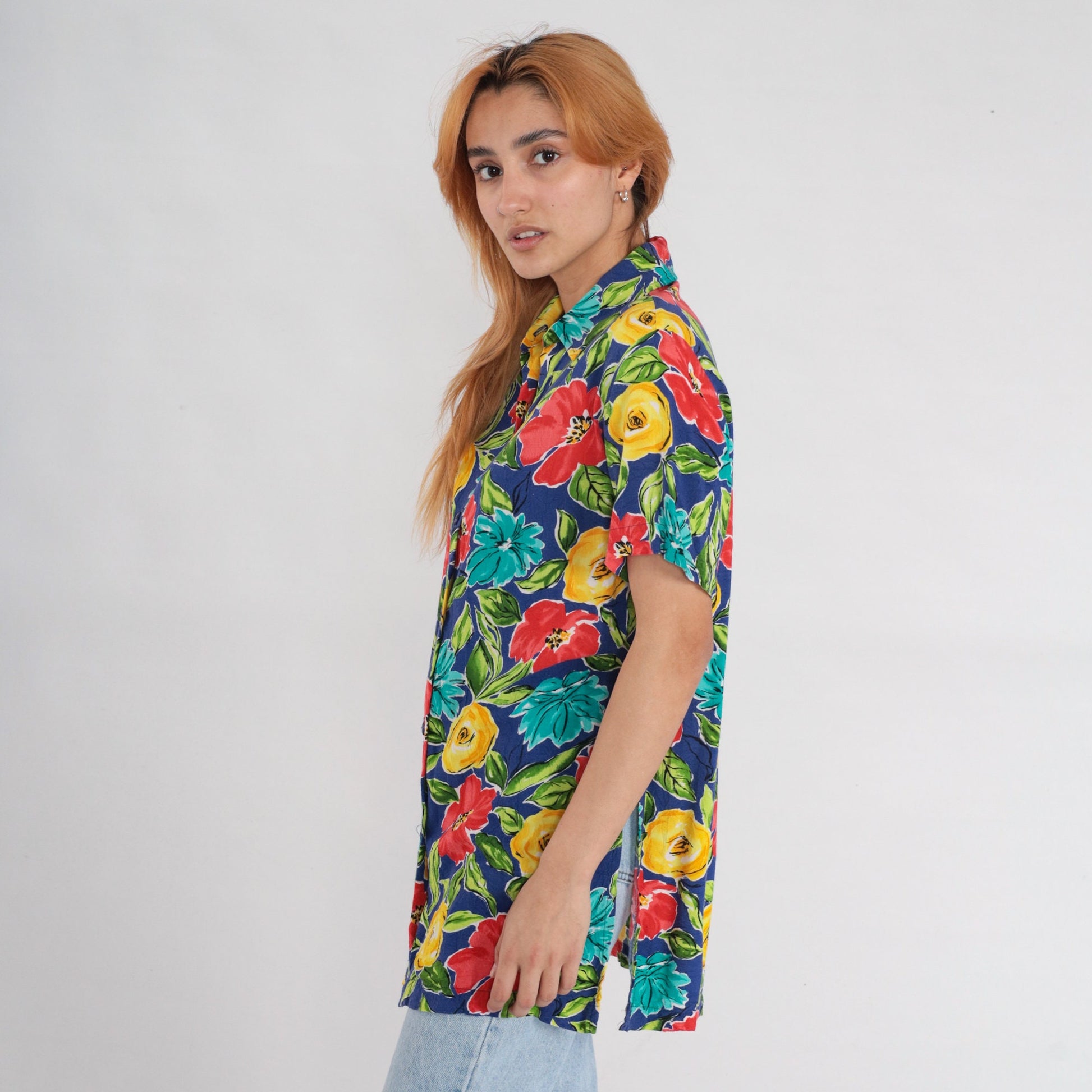 90s Floral Rayon Button-Up Blouse Short Sleeve Red Yellow Blue Small S