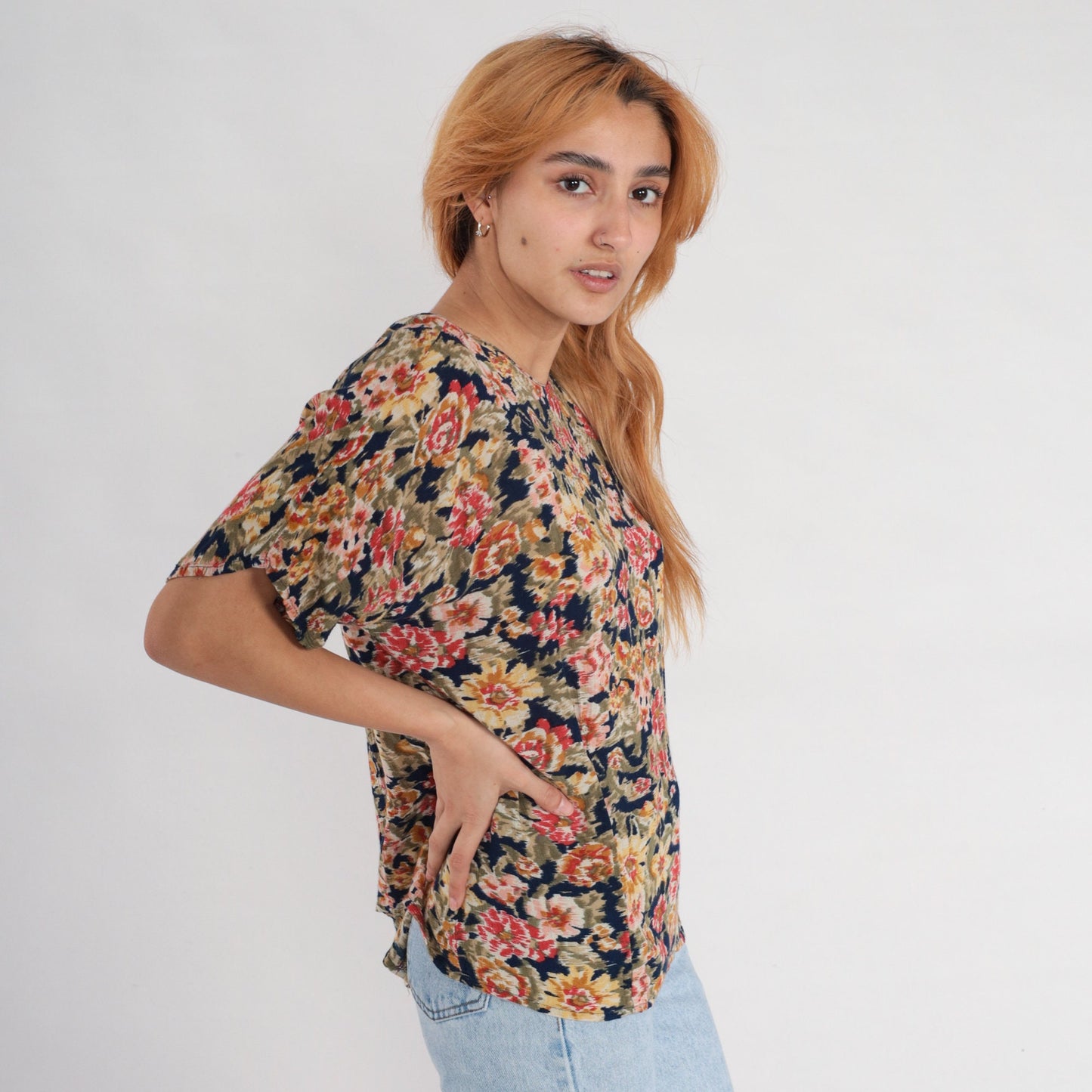 90s Karen Scott Floral Blouse Short Sleeve Rayon Navy Yellow Pink Large L